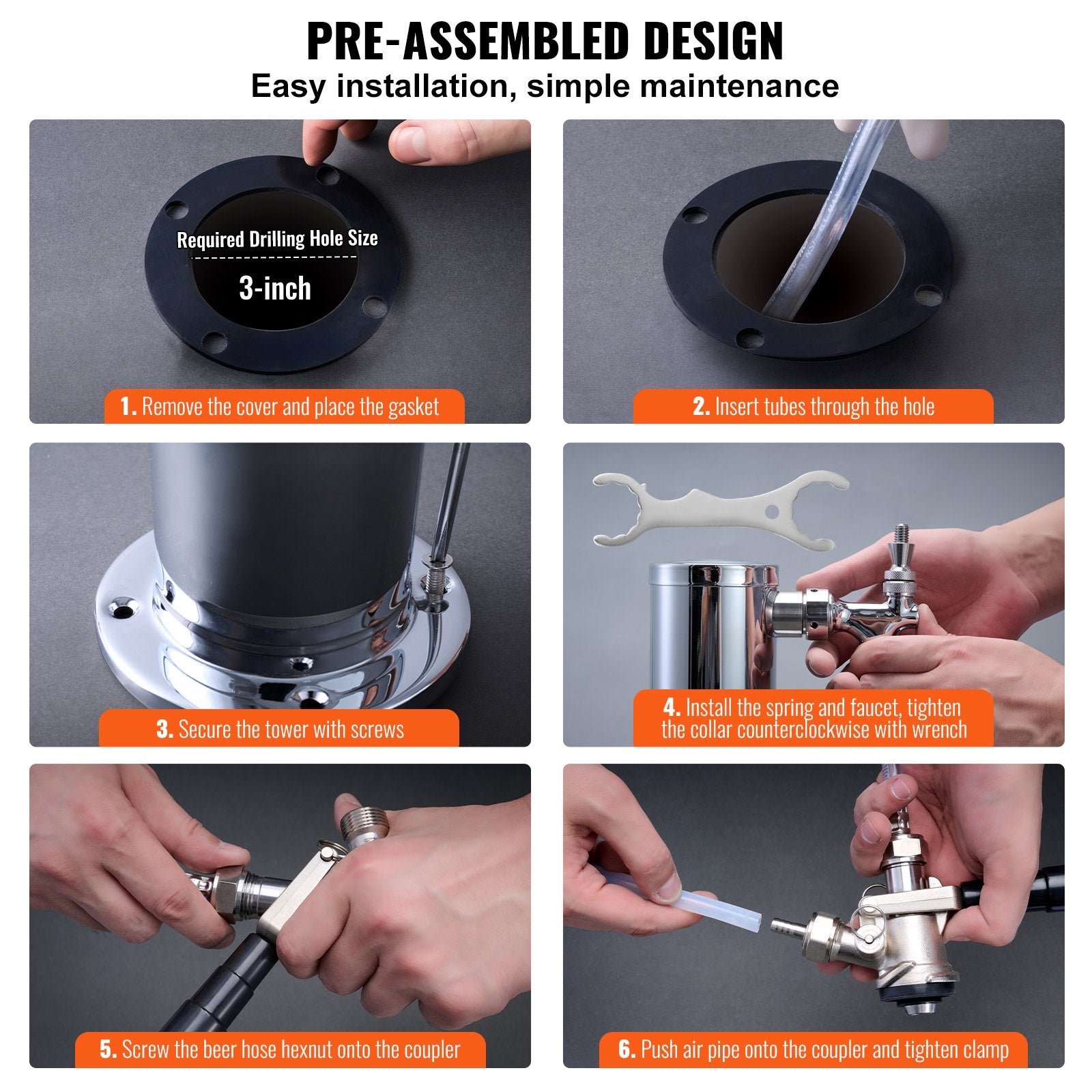 VEVOR Kegerator Tower Kit, Dual Taps Beer Conversion Kit, Stainless Steel Keg Beer Tower Dispenser with Dual Gauge W21.8 Regulator & A-System Keg Coupler, Beer Drip Tray for Party Home