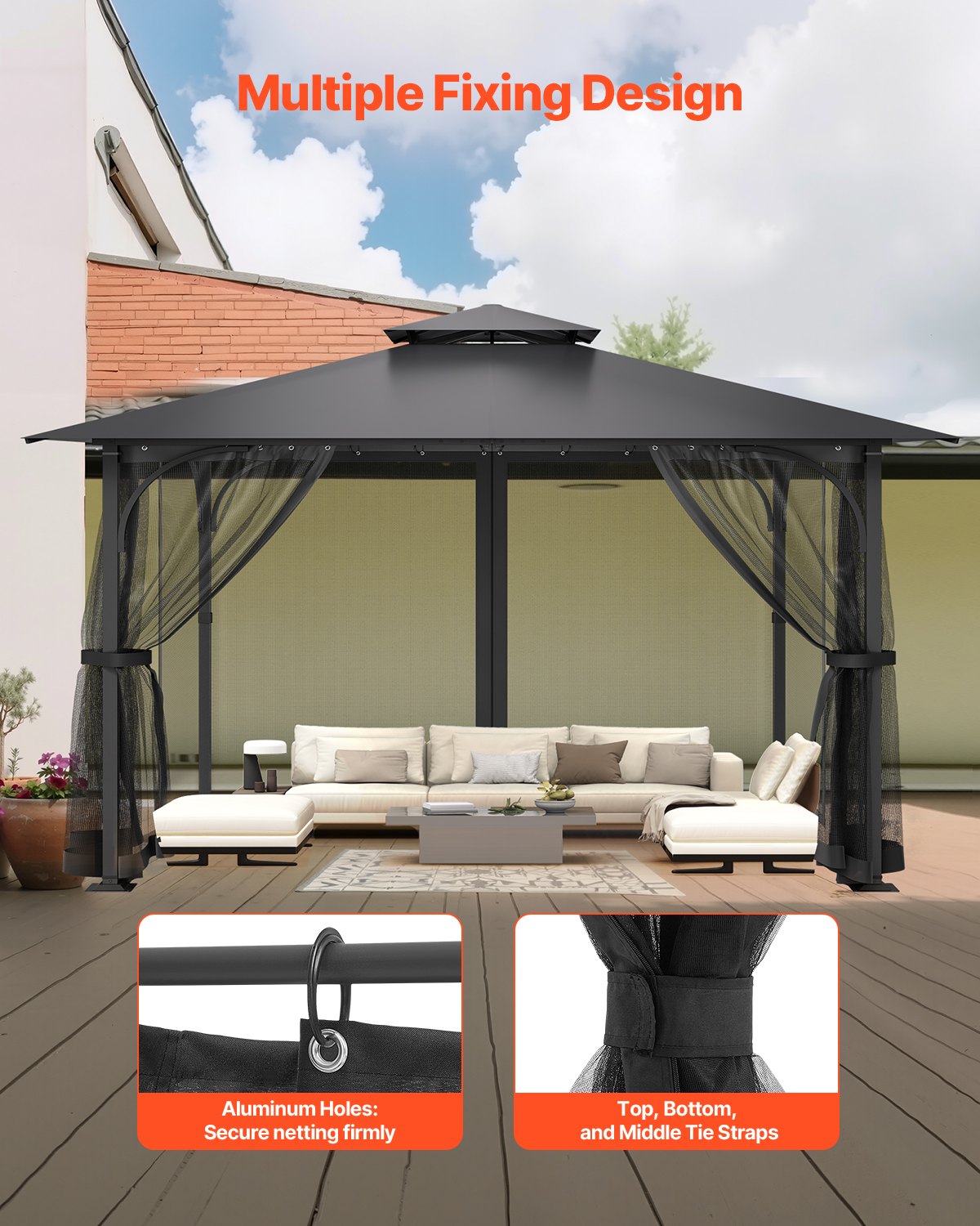 VEVOR Gazebo Netting Replacement, Fit Most 12 x 12 x 7.5 FT Gazebo Curtain, Outdoor Garden Net, 4-Panel Sidewall Mesh Net, Patio Midge Netting with Double Zipper, Canopy Screen (Netting Only)