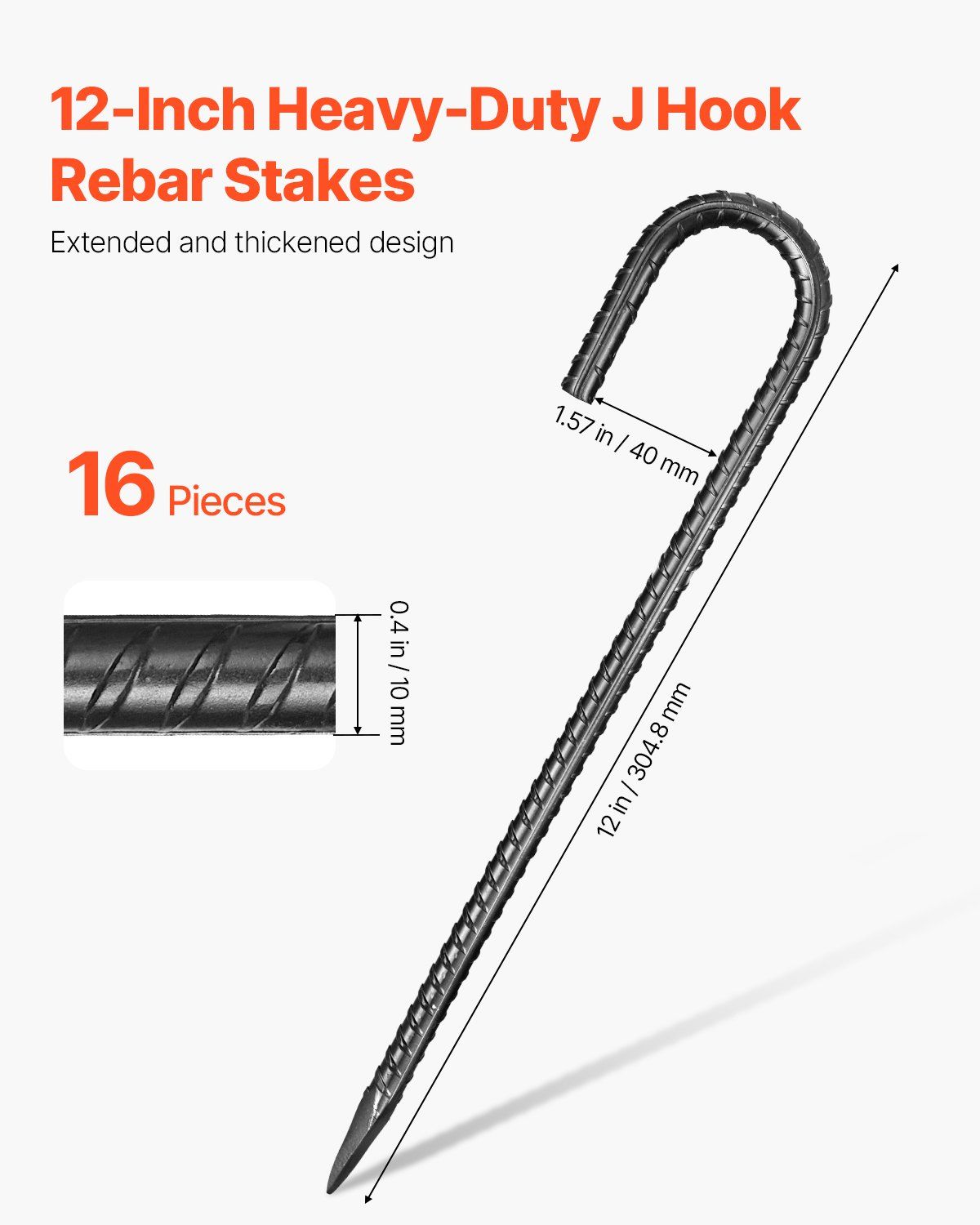 Rebar Stakes, 304.8 mm, Heavy-Duty 10 mm Diameter J Hook, Galvanized Steel Ground Anchors with Chisel Point End & Rust-Resistant Coating, for Gardening Support, Fence, Camping Tents (16-Pack)