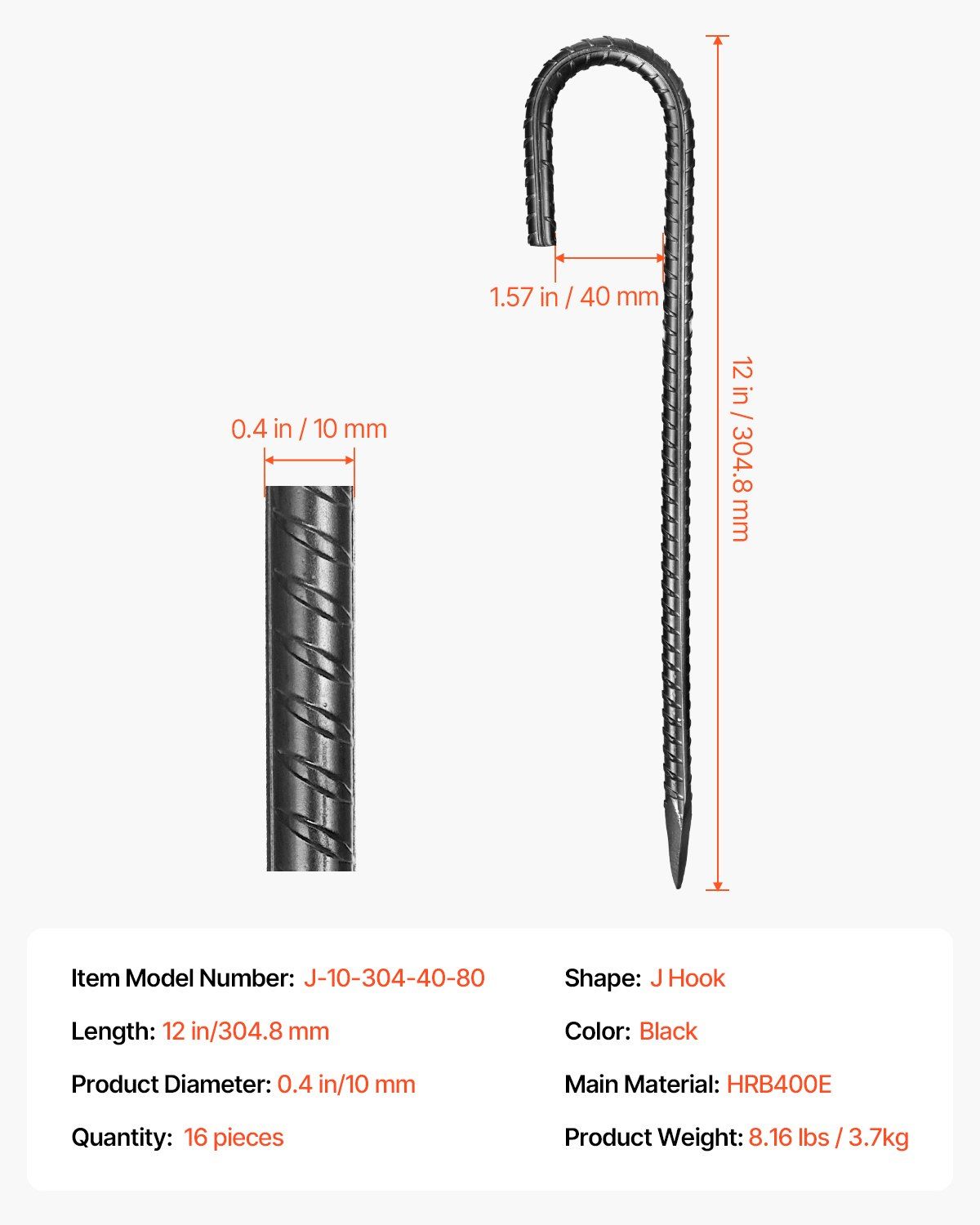 Rebar Stakes, 304.8 mm, Heavy-Duty 10 mm Diameter J Hook, Galvanized Steel Ground Anchors with Chisel Point End & Rust-Resistant Coating, for Gardening Support, Fence, Camping Tents (16-Pack)