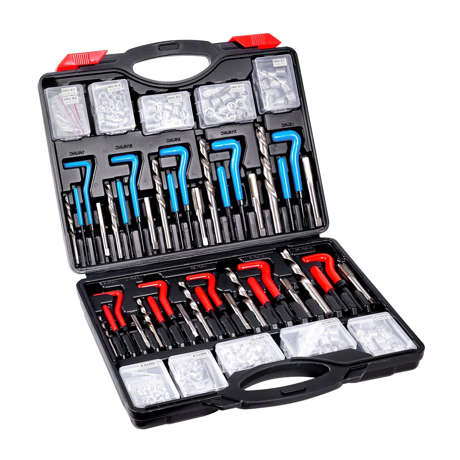 VEVOR Helicoil Thread Repair Kit, 338-Piece SAE and Metric Rethreading Tool Kit, M5, M6, M8, M10, M12, 1/4", 5/16", 3/8", 7/16", 1/2", HSS Drill Bits Thread Inserts Taps Breakoff Installation Tools
