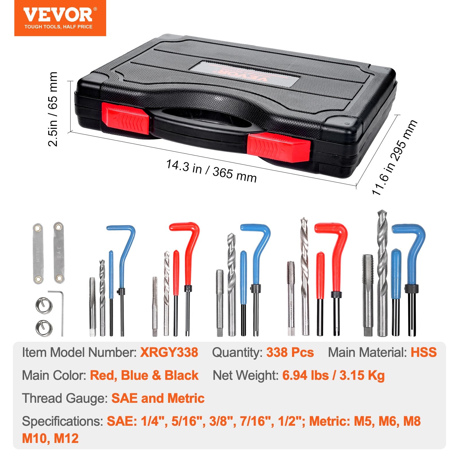 VEVOR Helicoil Thread Repair Kit, 338-Piece SAE and Metric Rethreading Tool Kit, M5, M6, M8, M10, M12, 1/4", 5/16", 3/8", 7/16", 1/2", HSS Drill Bits Thread Inserts Taps Breakoff Installation Tools