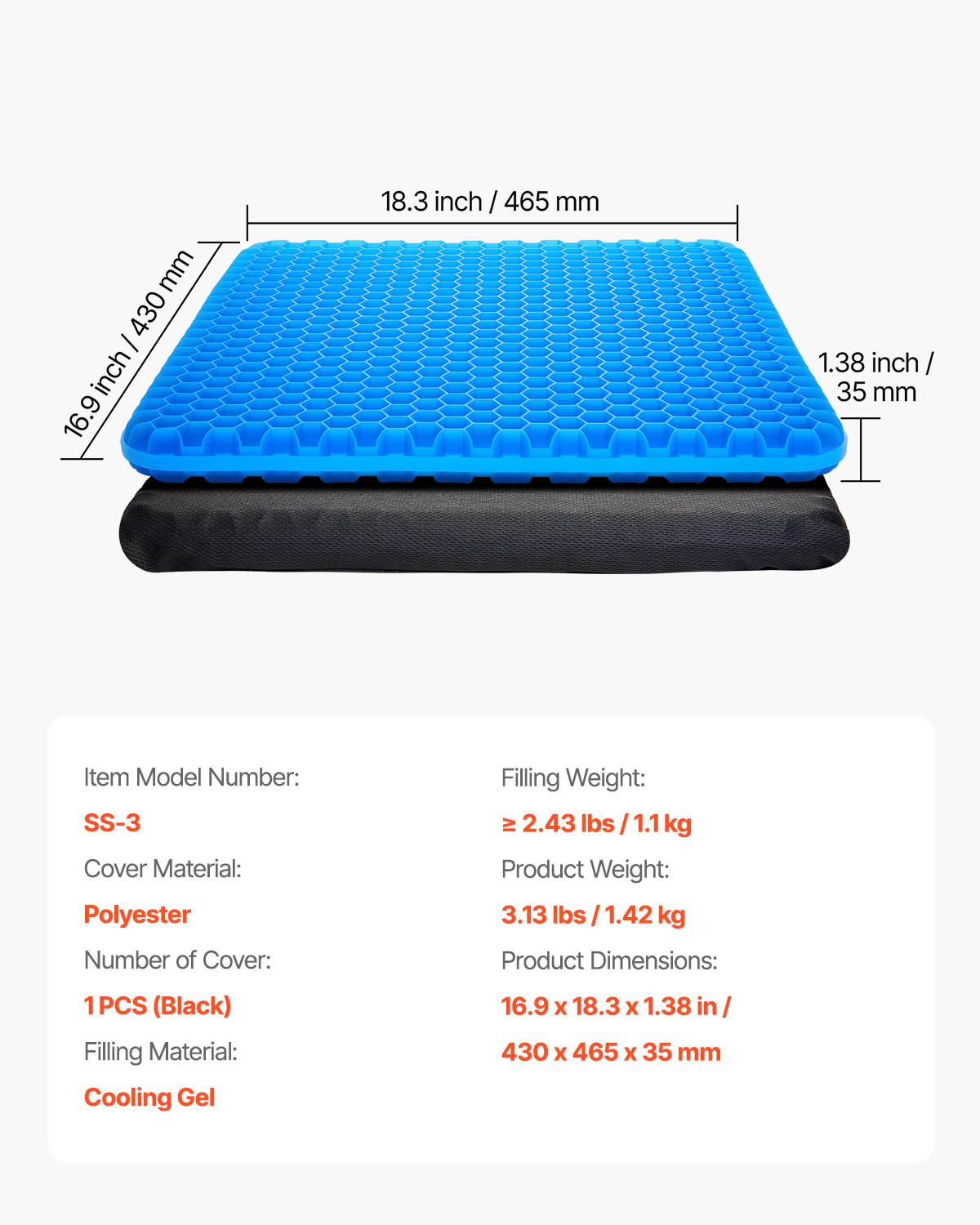 VEVOR Seat Cushion Cooling Gel Seat Chair Cushion for Hips Back Pressure Relief