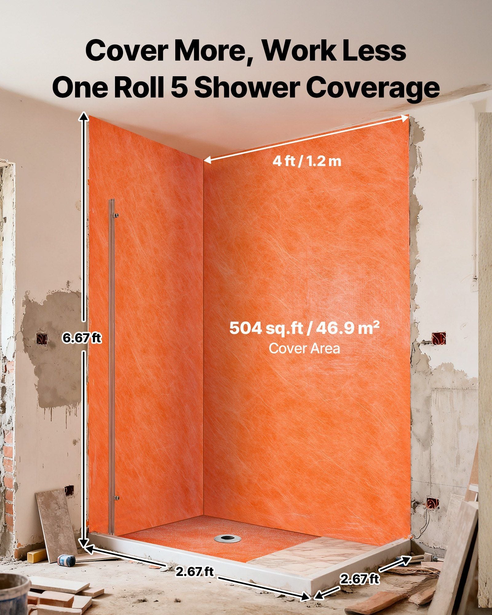 Waterproof Membrane for Shower, 1.2 x 40 m 46.45 m² Waterproofing Tile Membrane, 0.5mm Thickness Polyethylene Fabric Roll, Easy to Cut for Bathroom, Kitchen, Sauna, Walls, Underlayment