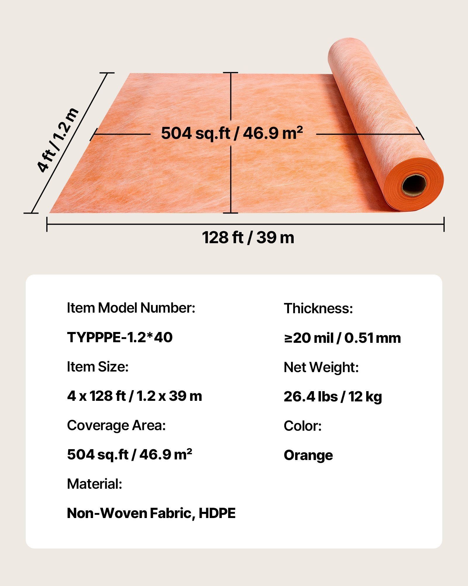 Waterproof Membrane for Shower, 1.2 x 40 m 46.45 m² Waterproofing Tile Membrane, 0.5mm Thickness Polyethylene Fabric Roll, Easy to Cut for Bathroom, Kitchen, Sauna, Walls, Underlayment
