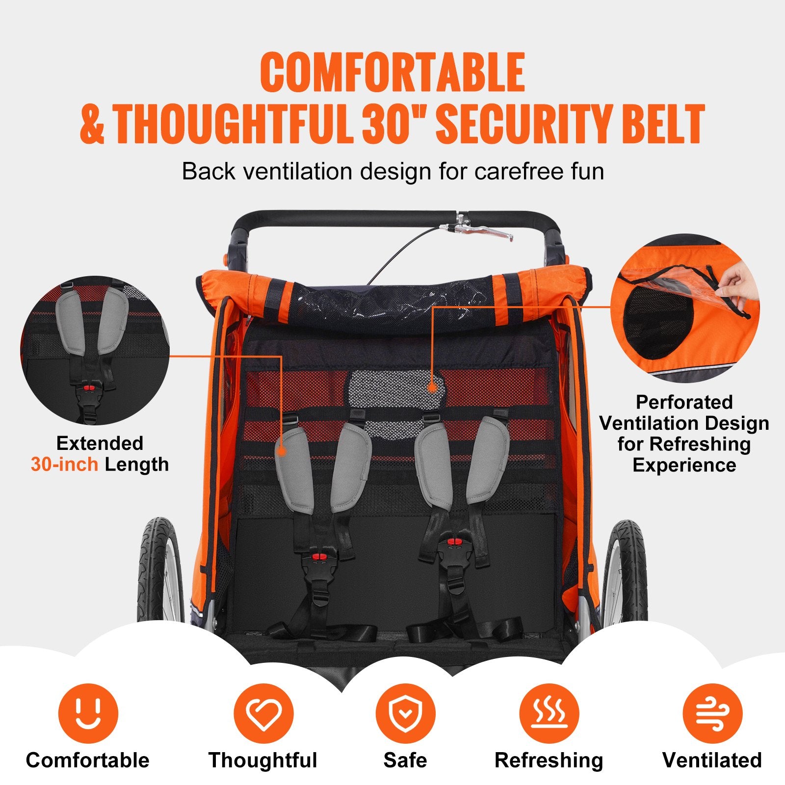 VEVOR Bike Trailer for Toddlers, Kids, Double Seat, 45 kg Load, 2-In-1 Canopy Carrier Converts to Stroller, Tow Behind Foldable Child Bicycle Trailer with Universal Bicycle Coupler, Orange and Gray