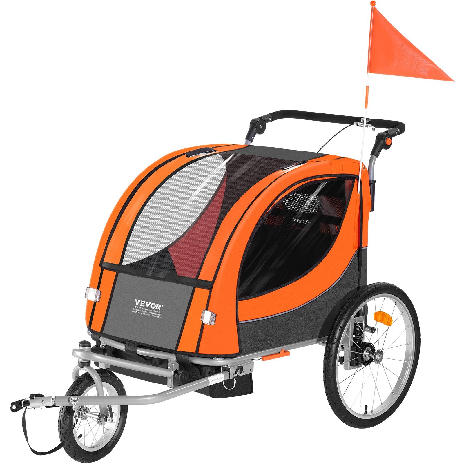 VEVOR Bike Trailer for Toddlers, Kids, Double Seat, 45 kg Load, 2-In-1 Canopy Carrier Converts to Stroller, Tow Behind Foldable Child Bicycle Trailer with Universal Bicycle Coupler, Orange and Gray