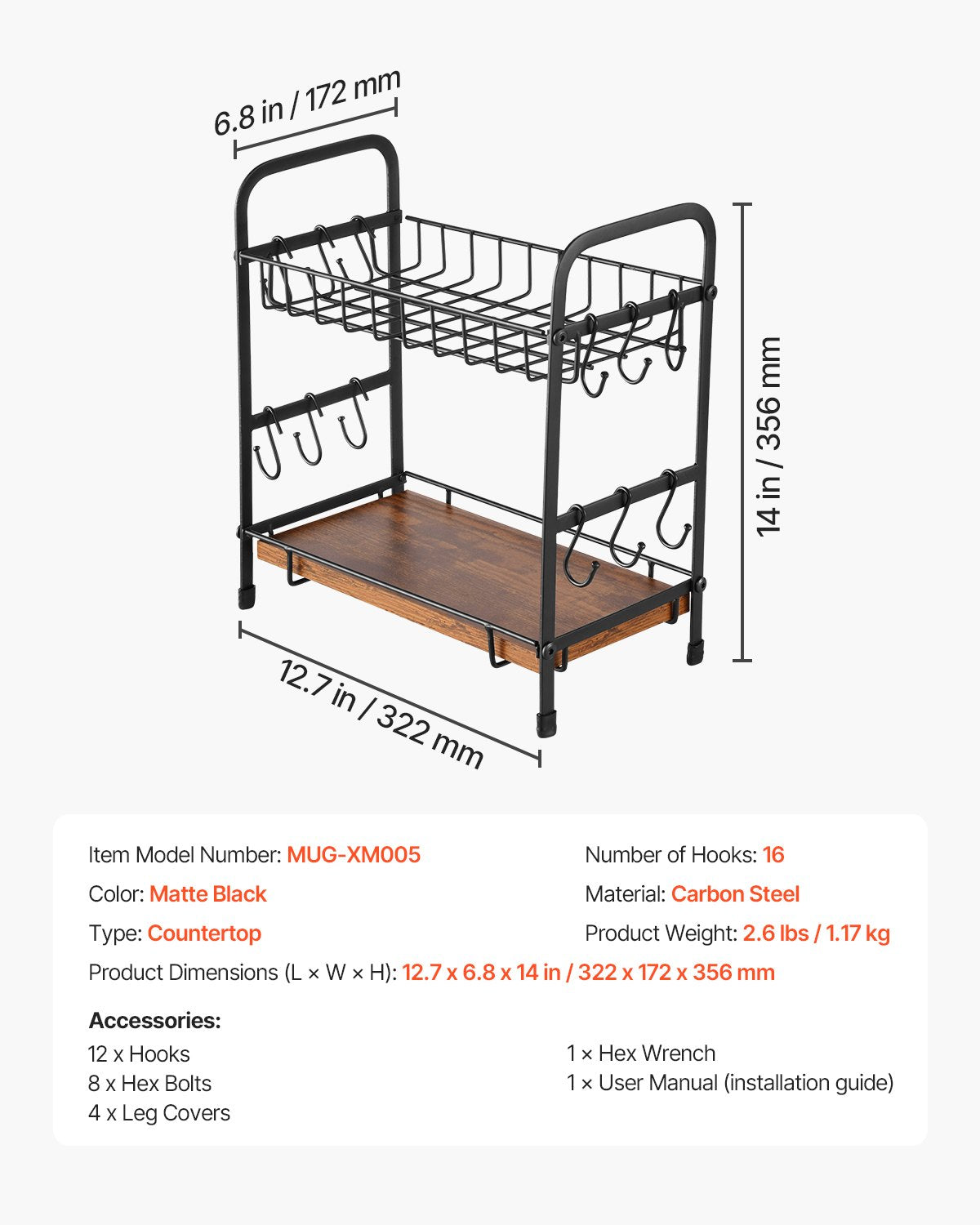 VEVOR 2 Tier Coffee Bar Organizer for Countertop w/ 12 Movable Hooks Mug Holder