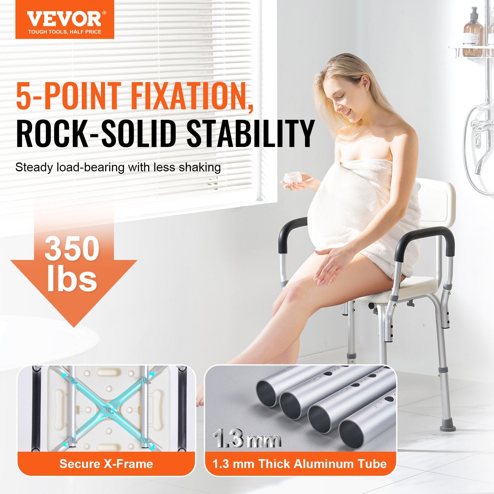VEVOR Shower Chair, Shower Seat with Back, Adjustable Height Shower Stool, Shower Chair for Inside Shower Bathtub, Non-slip Bathroom Bench Bath Chair for Elderly Disabled Handicap, 158.8 kg Capacity