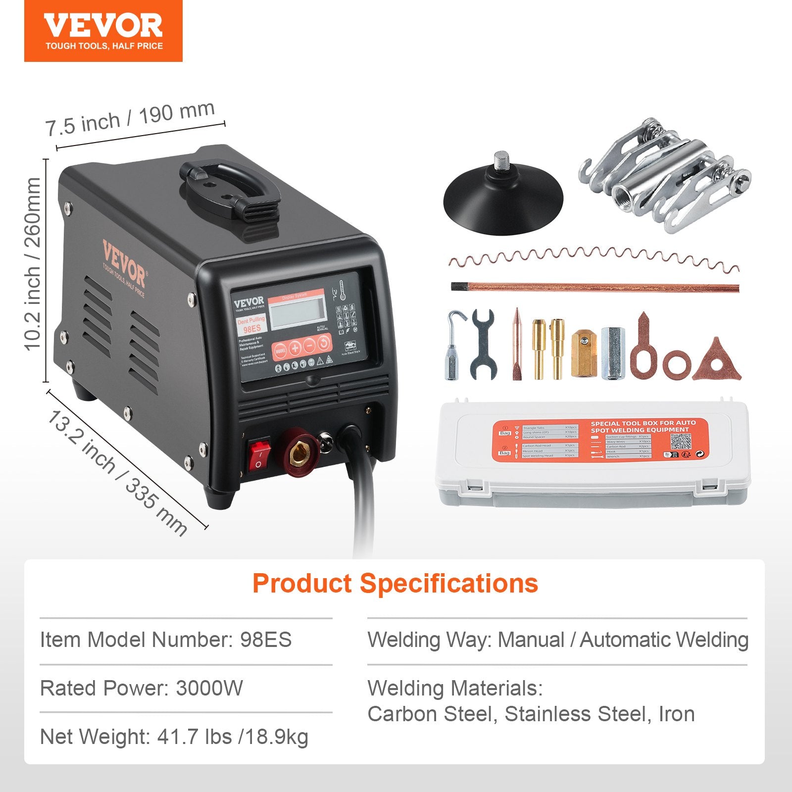 VEVOR Stud Welder Dent Repair Kit, 3KW Spot Welder Dent Puller with Auto/Manual Welding & 9 Versatile Modes, Auto Body Spot Welding Dent Puller Machine for Car, Truck Dent Repair