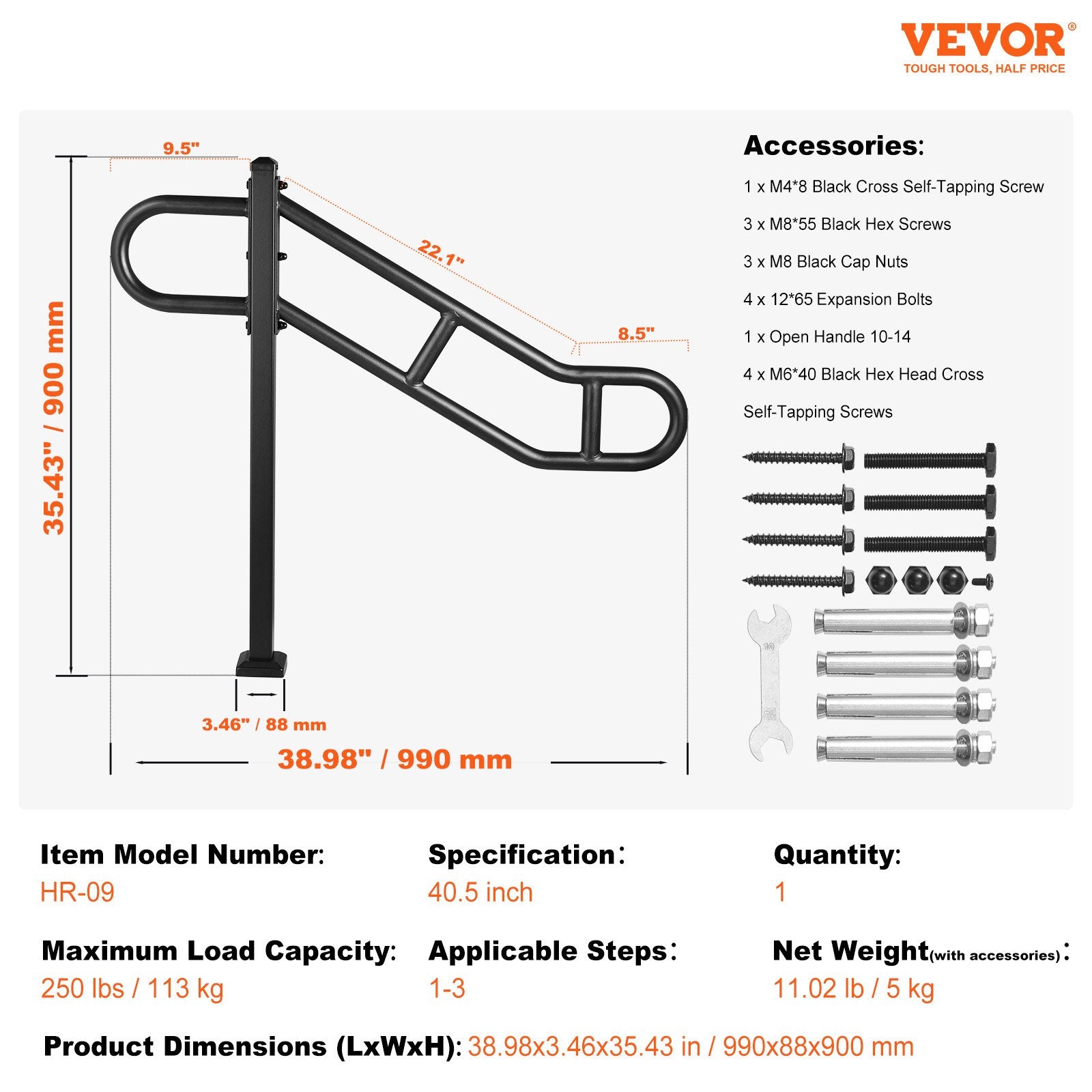 VEVOR Single Post Handrail for Outdoor 1-3 Steps, 40.5" L x 35.4" H Metal Bent Stair Handrails, Floor Mounted Carbon Steel Stair Railing, U-Shaped Post Grab Rails with 2 Anti-Skid Crossbar for Garage