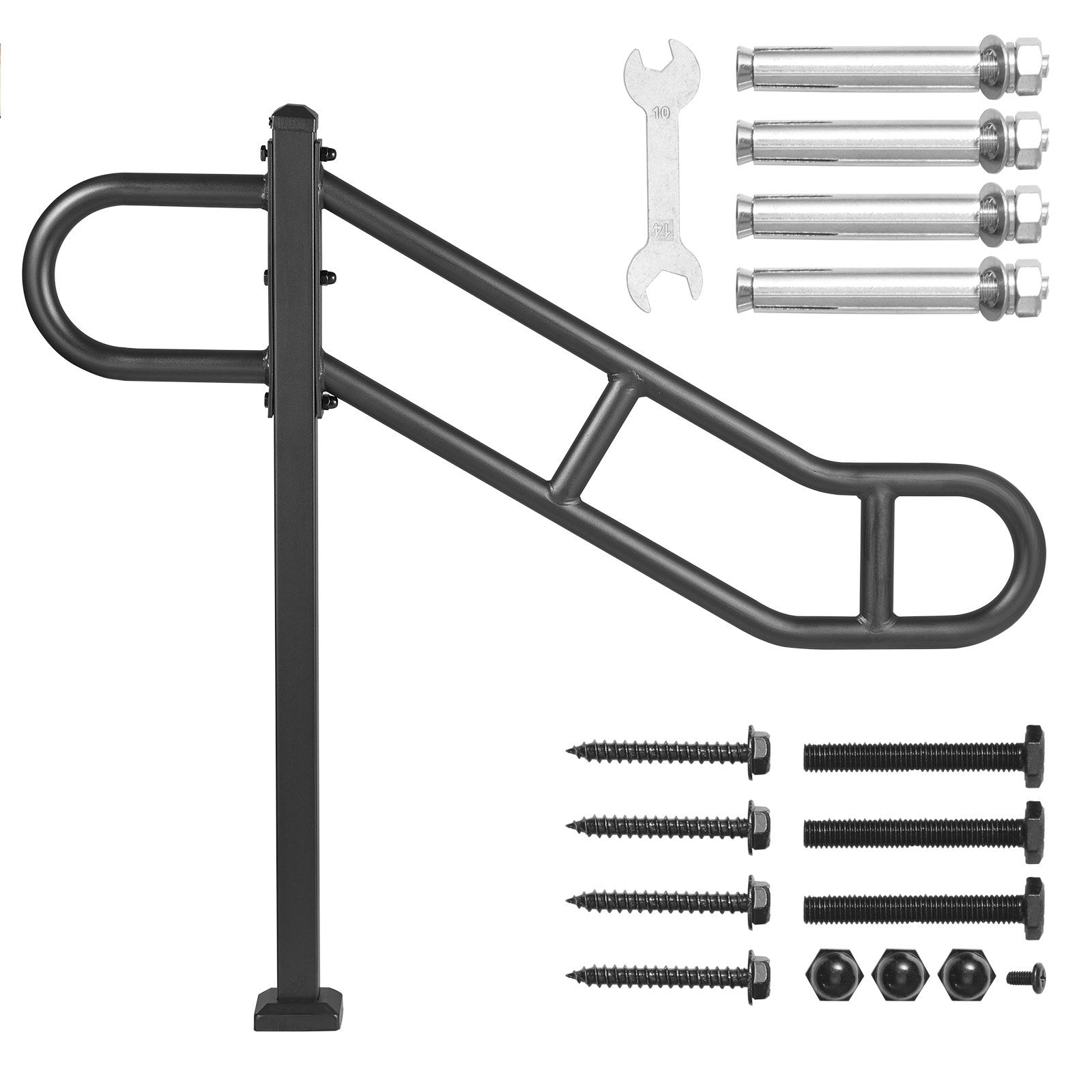 VEVOR Single Post Handrail for Outdoor 1-3 Steps, 40.5" L x 35.4" H Metal Bent Stair Handrails, Floor Mounted Carbon Steel Stair Railing, U-Shaped Post Grab Rails with 2 Anti-Skid Crossbar for Garage