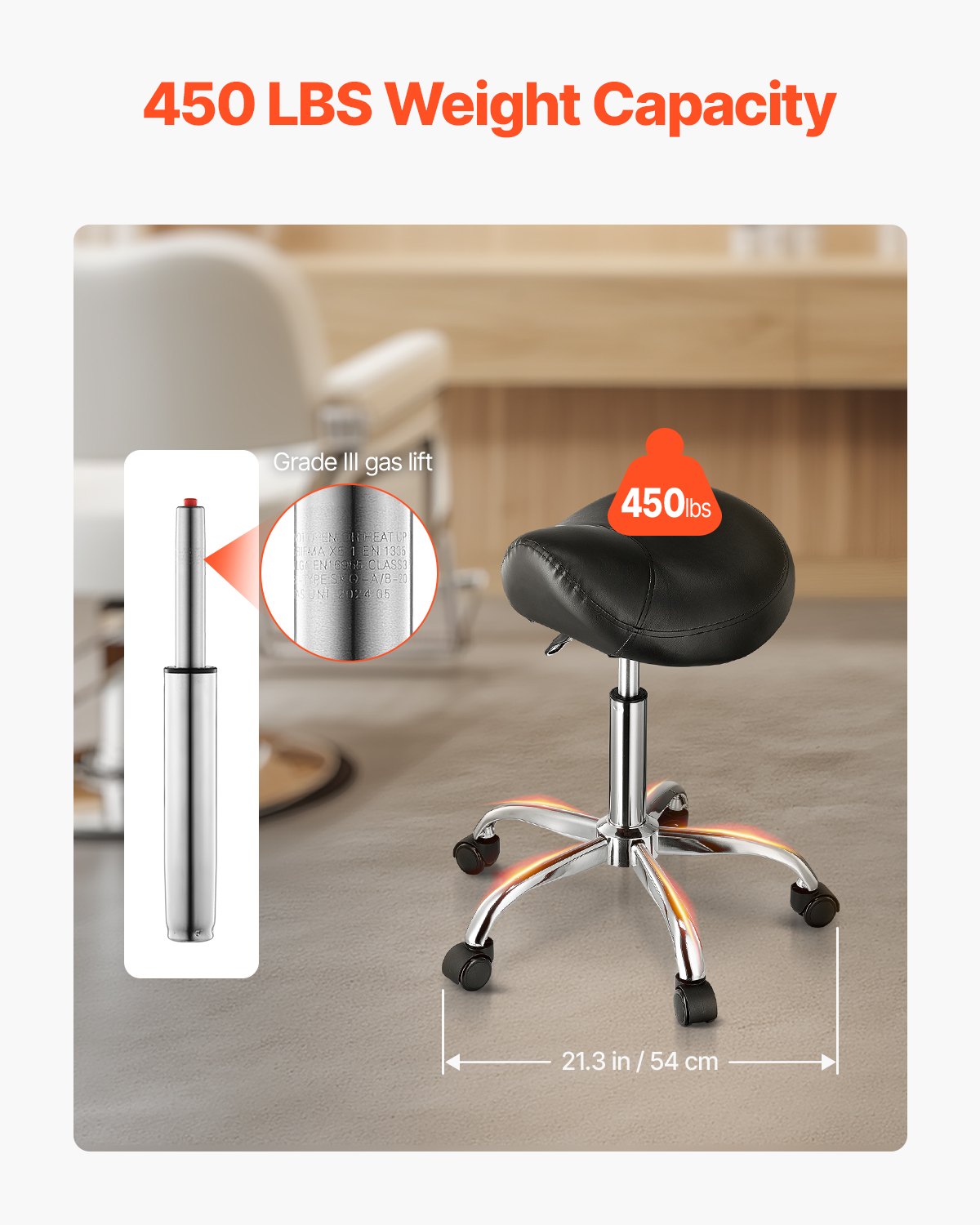 VEVOR Saddle Rolling Stool, PU Leather Rolling Stool with Wheels, 360° Swivel Drafting Stool with Thickened Cushion, Height Adjustable Rolling Work SPA Stool, for Office, Home, Salon & Bar, Black