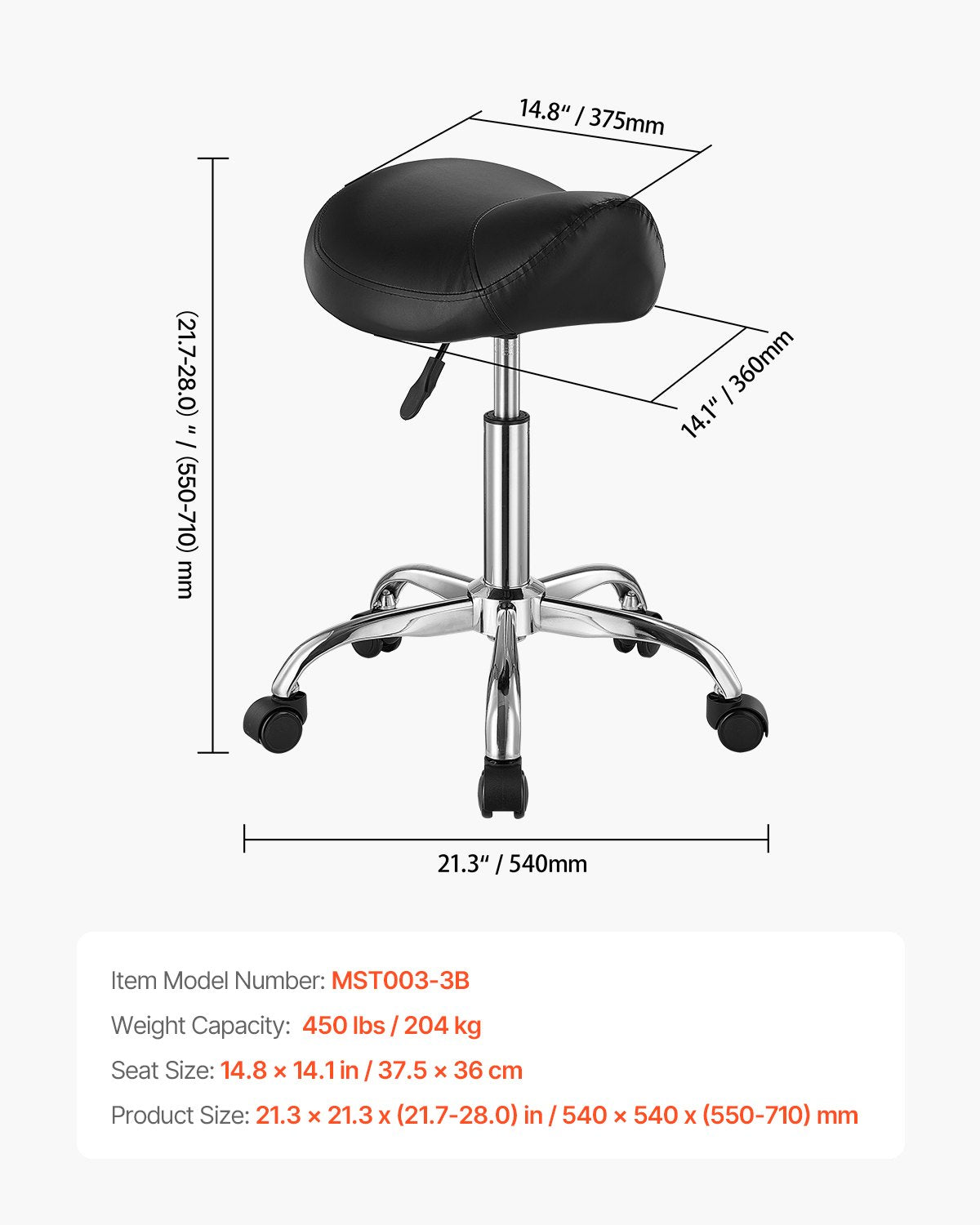 VEVOR Saddle Rolling Stool, PU Leather Rolling Stool with Wheels, 360° Swivel Drafting Stool with Thickened Cushion, Height Adjustable Rolling Work SPA Stool, for Office, Home, Salon & Bar, Black