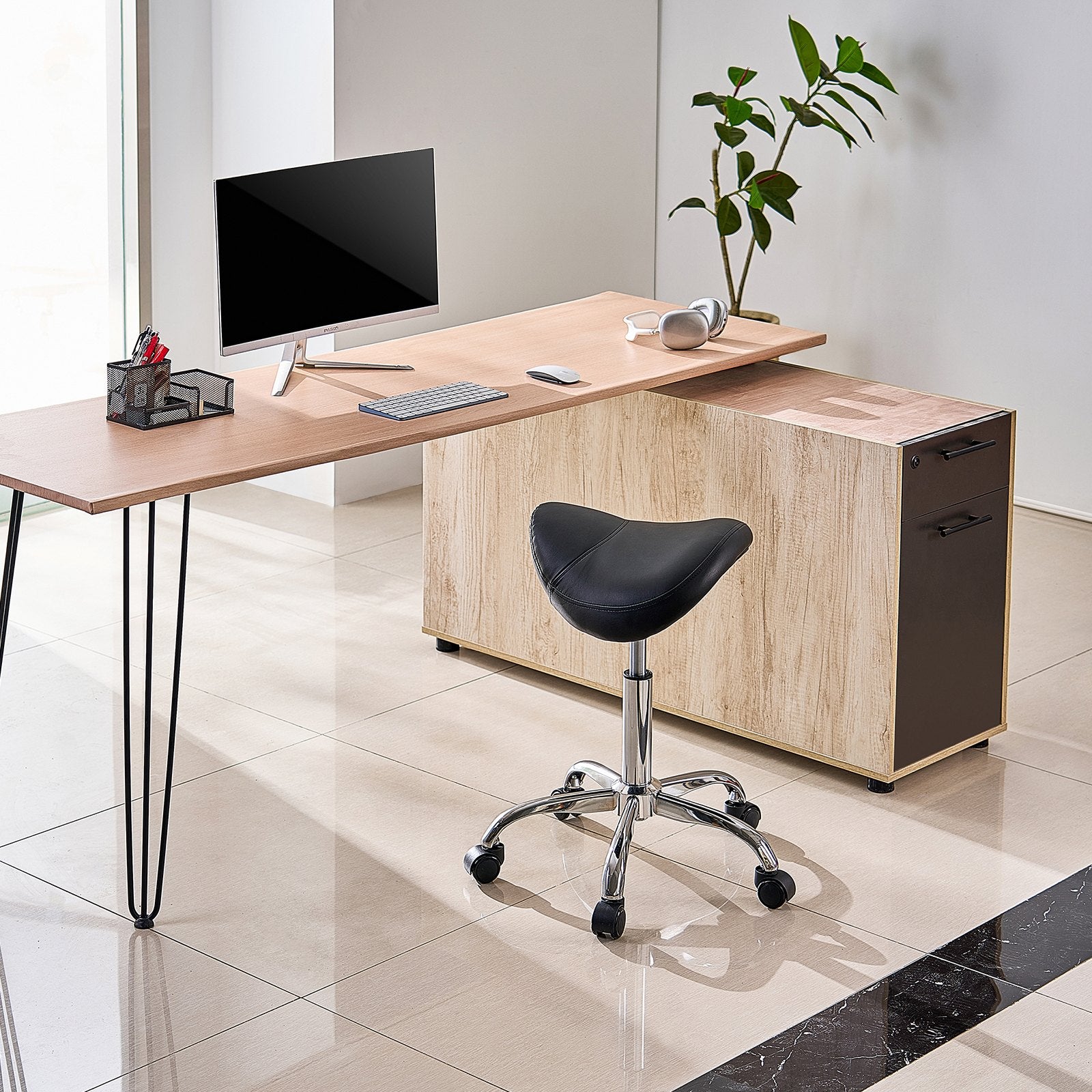 VEVOR Saddle Rolling Stool, PU Leather Rolling Stool with Wheels, 360° Swivel Drafting Stool with Thickened Cushion, Height Adjustable Rolling Work SPA Stool, for Office, Home, Salon & Bar, Black