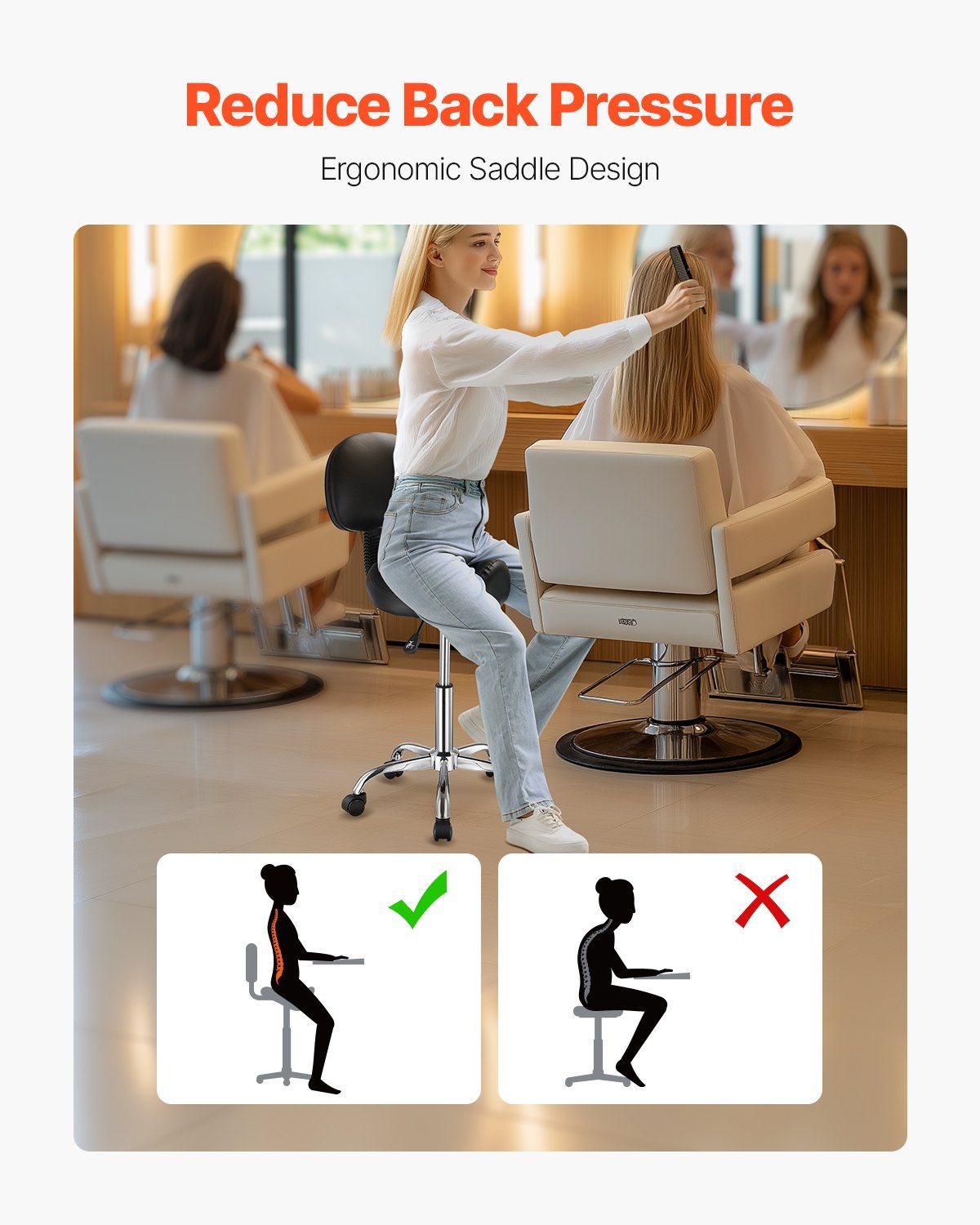 Saddle Rolling Stool, PU Leather Rolling Stool with Backrest, 360° Swivel Drafting Stool with Thickened Cushion, Height Adjustable Rolling Work SPA Stool, for Office, Home, Salon & Bar, Black