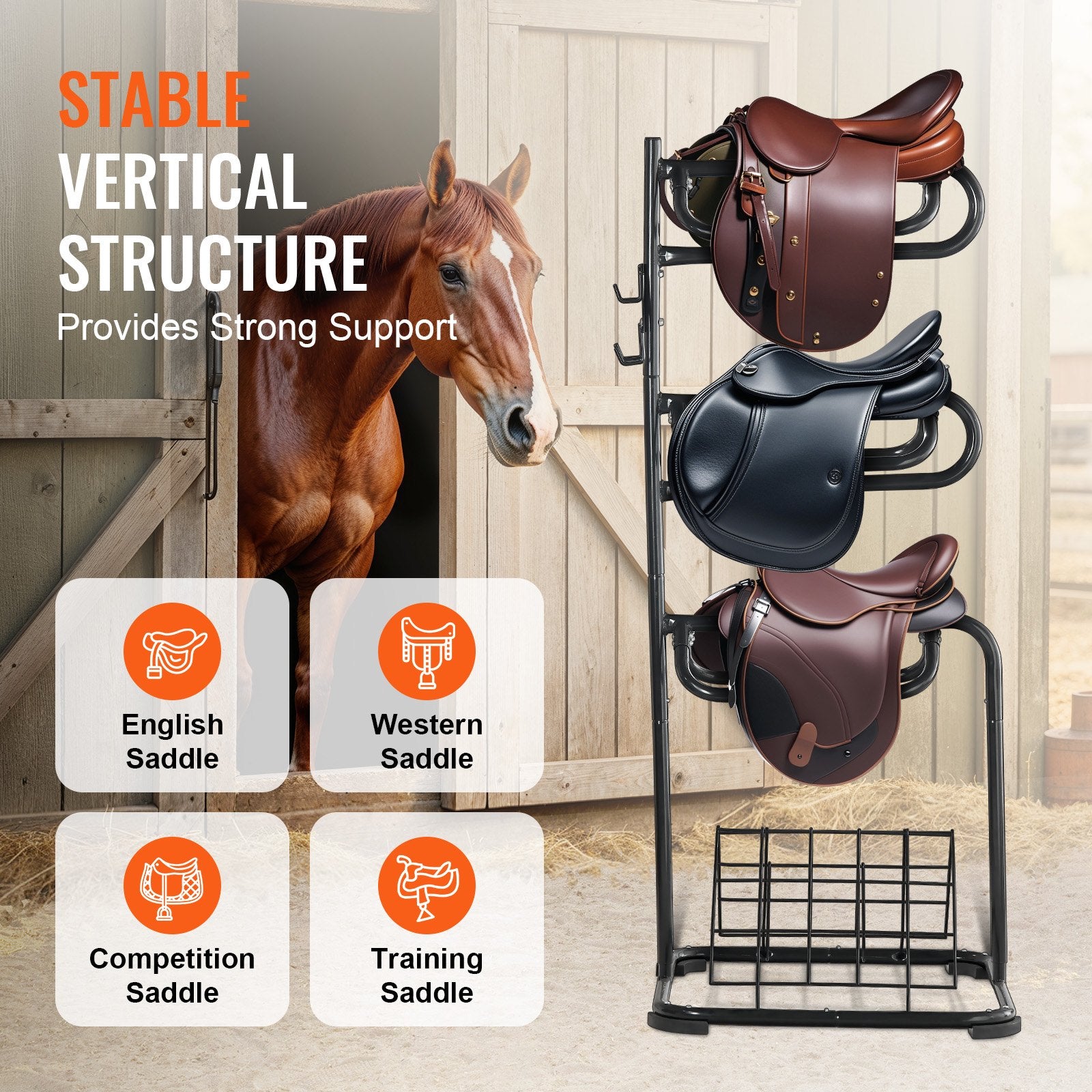 VEVOR Freestanding Saddle Stand, 30 x 30 x 68.5 in, 3 Tiers Saddle Rack, Heavy Duty Saddle Blanket Holder with Removable & Rotating Tiers, English & Western Saddle Rack for Tack Room Organization