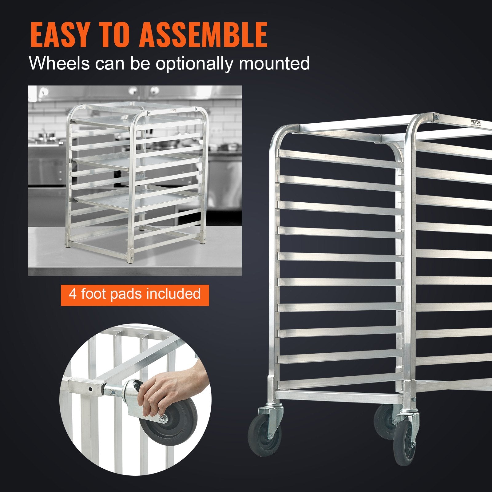 VEVOR Bun Pan Rack, 10-Tier Commercial Bakery Racks with Brake Wheels, Aluminum Racking Trolley Storage for Half & Full Sheet, Speed Rack For Kitchen Home, Bread Baking Equipment, 660x515x985 mm