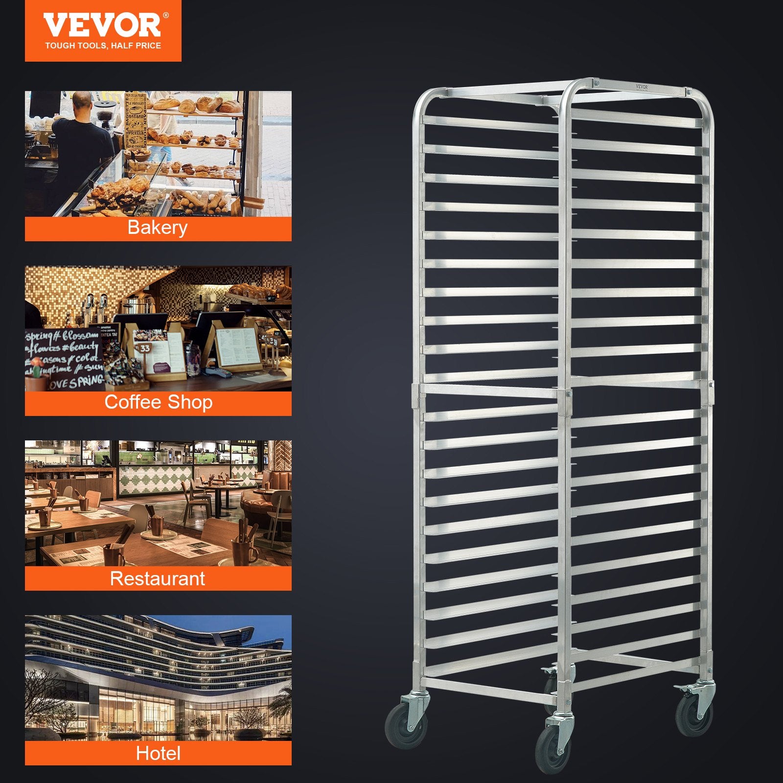VEVOR Bun Pan Rack, 20-Tier Commercial Bakery Racks with Brake Wheels, Aluminum Racking Trolley Storage for Half & Full Sheet, Speed Rack For Kitchen Home, Bread Baking Equipment, 660x517x1767 mm