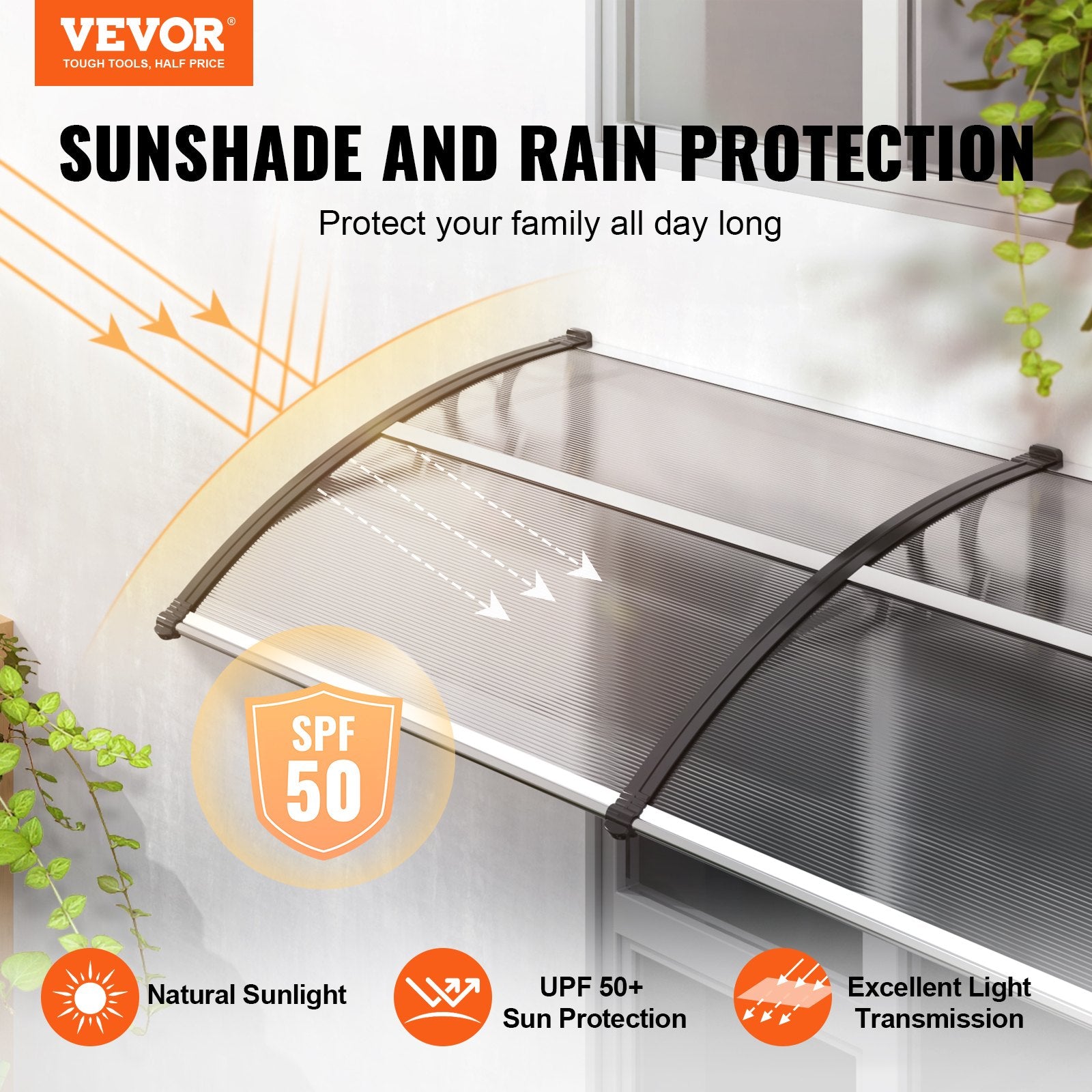 VEVOR Window Door Awning Canopy, 965 x 2975mm Door Canopy Exterior, UF50+ PC Sunshade Sheet Awnings, Outdoor Patio Awning Sun Shade, Transparent, Waterproof, for Sun Shutter, UV, Rain, Snow Protection