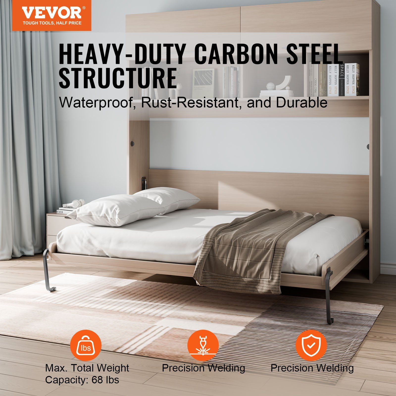 Murphy Bed Kit, Queen Size, Deluxe DIY Wall Bed Mechanical Hardware Kit, Pneumatic Lever Heavy Duty Bed Frame Support, Folding Cabinet Wall Bed Space Saving Design for Guestroom, Easy to Build