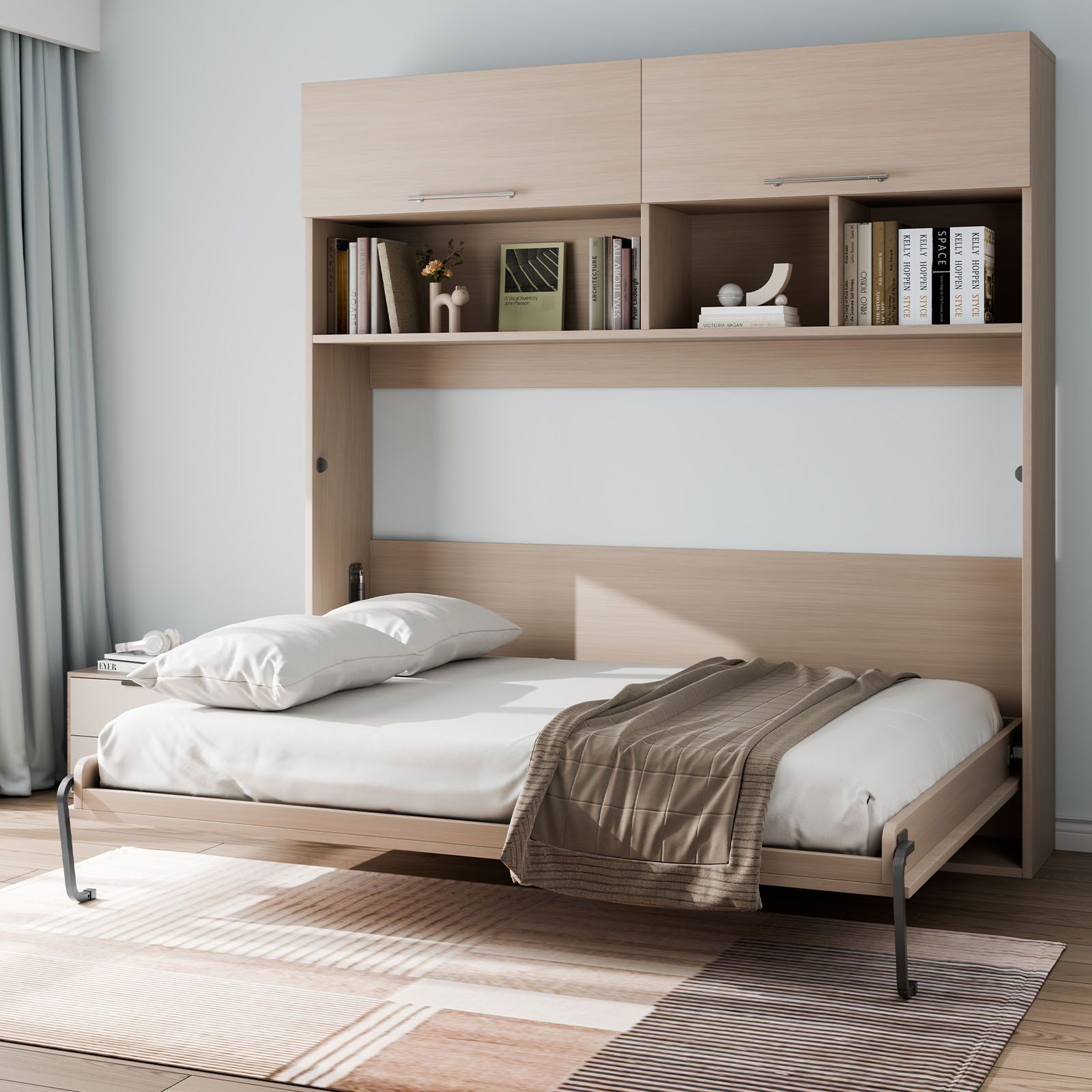Murphy Bed Kit, Queen Size, Deluxe DIY Wall Bed Mechanical Hardware Kit, Pneumatic Lever Heavy Duty Bed Frame Support, Folding Cabinet Wall Bed Space Saving Design for Guestroom, Easy to Build