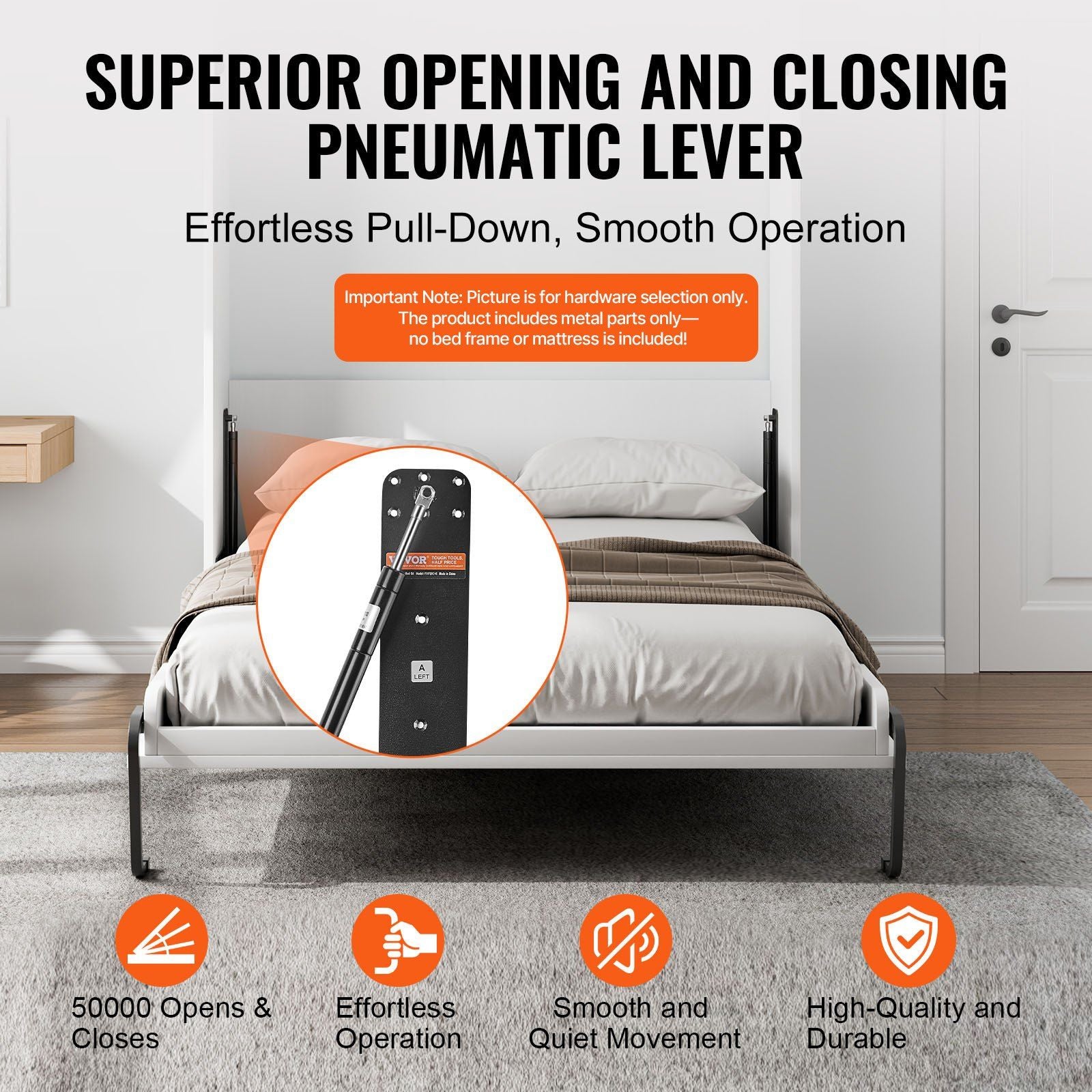 Murphy Bed Kit, Full Size, Vertical Deluxe DIY Wall Bed Mechanical Hardware Kit, Pneumatic Lever Heavy Duty Bed Frame Support, Folding Cabinet Wall Bed Space Saving Design for Guestroom