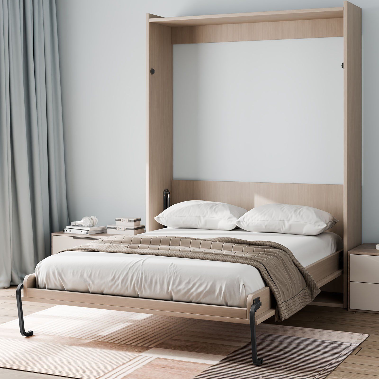 Murphy Bed Kit, Full Size, Vertical Deluxe DIY Wall Bed Mechanical Hardware Kit, Pneumatic Lever Heavy Duty Bed Frame Support, Folding Cabinet Wall Bed Space Saving Design for Guestroom