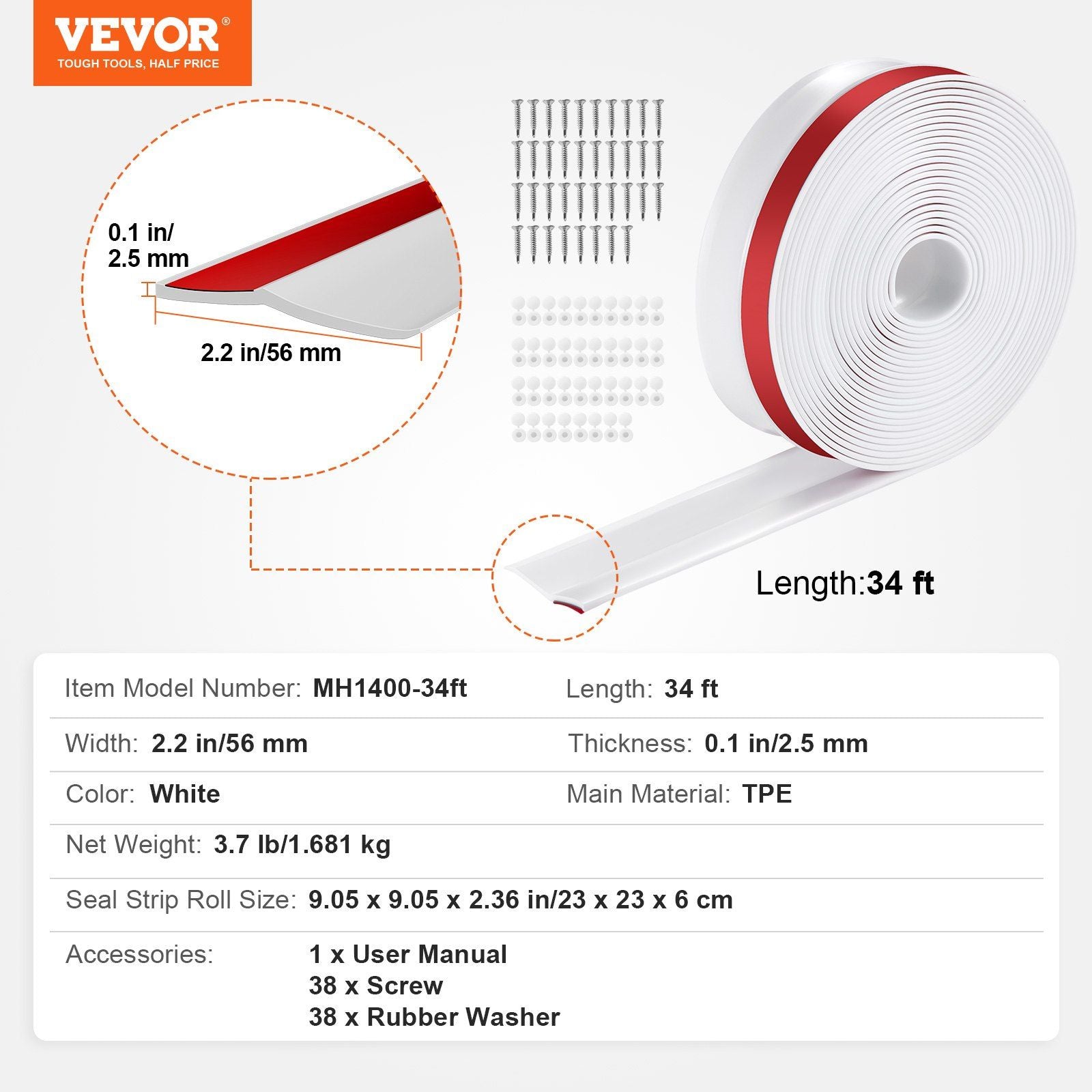 Garage Door Seal Top and Sides Seal Strip, 34 FT Universal Weather Stripping Replacement Soft and Hard Composite, Weatherproofing Garage Door TPE Seals with Adhesive Backed and Screws, White