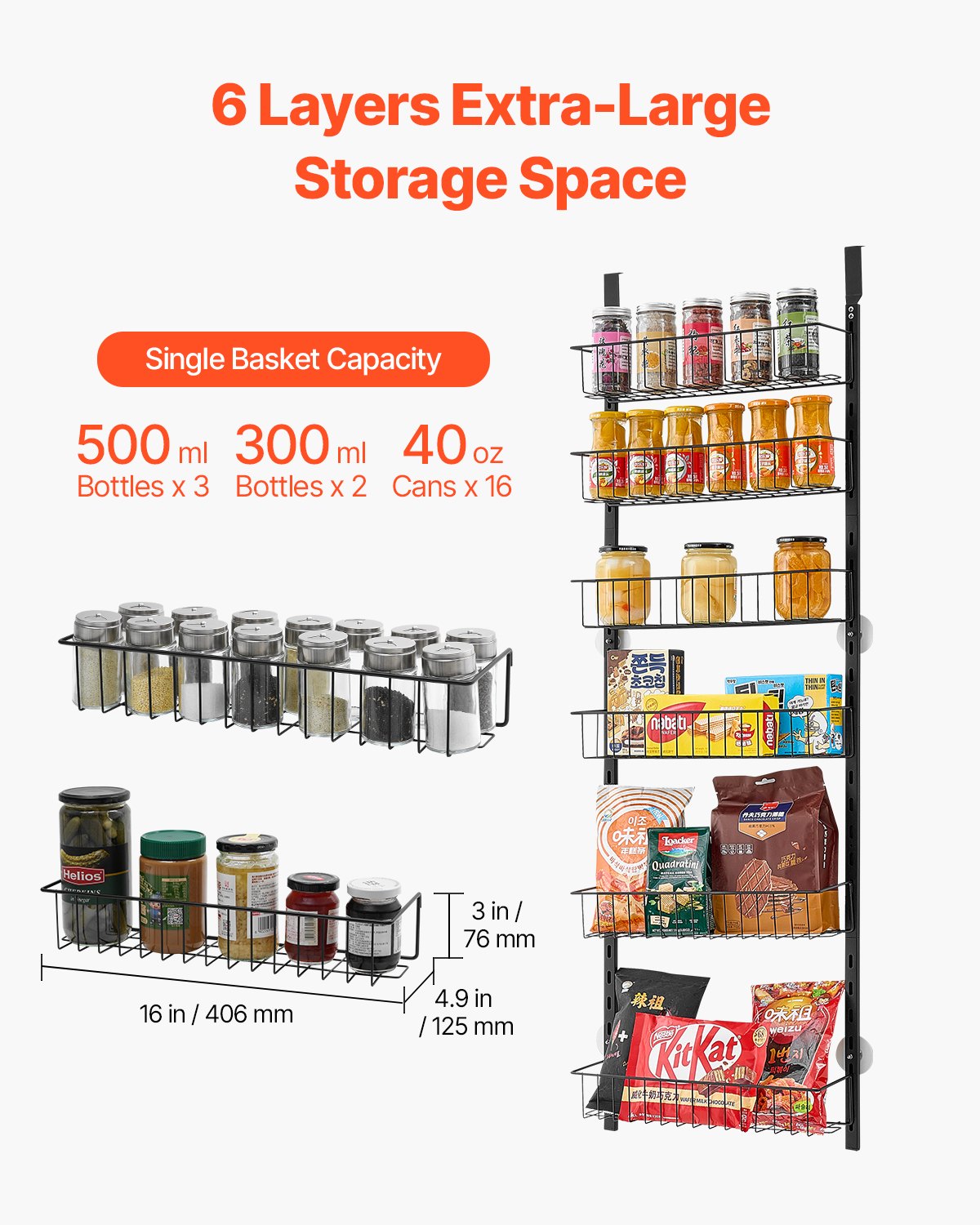 VEVOR Over the Door Pantry Organizer, 6-Tier Pantry Organization and Storage, Heavy-Duty Steel Hanging Spice Rack, Adjustable Wall Seasoning Shelves, for Home Kitchen Laundry Room Bathroom, Black