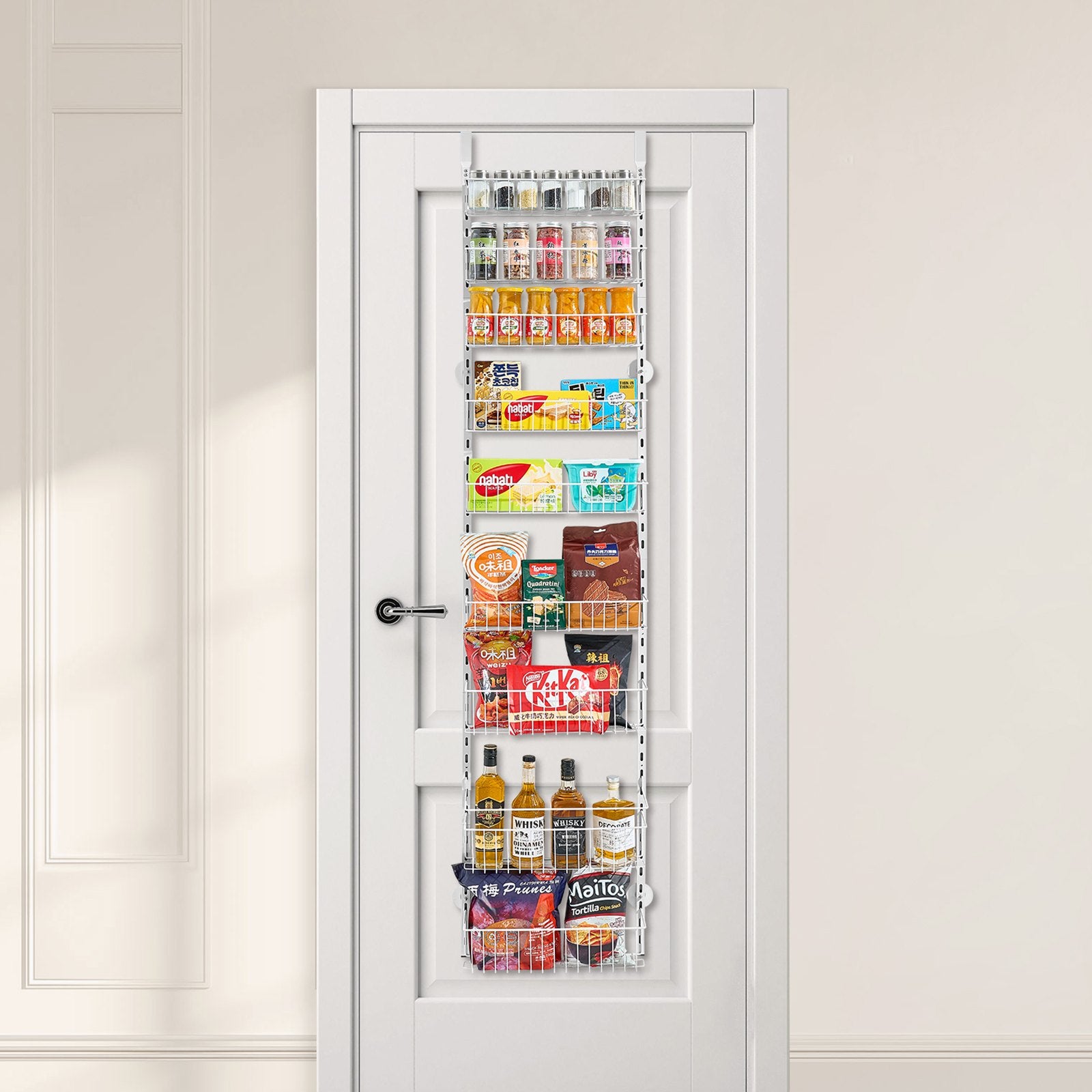 VEVOR Over the Door Pantry Organizer, 9-Tier Pantry Organization and Storage, Heavy-Duty Steel Hanging Spice Rack, Adjustable Wall Seasoning Shelves, for Home Kitchen Laundry Room Bathroom, White