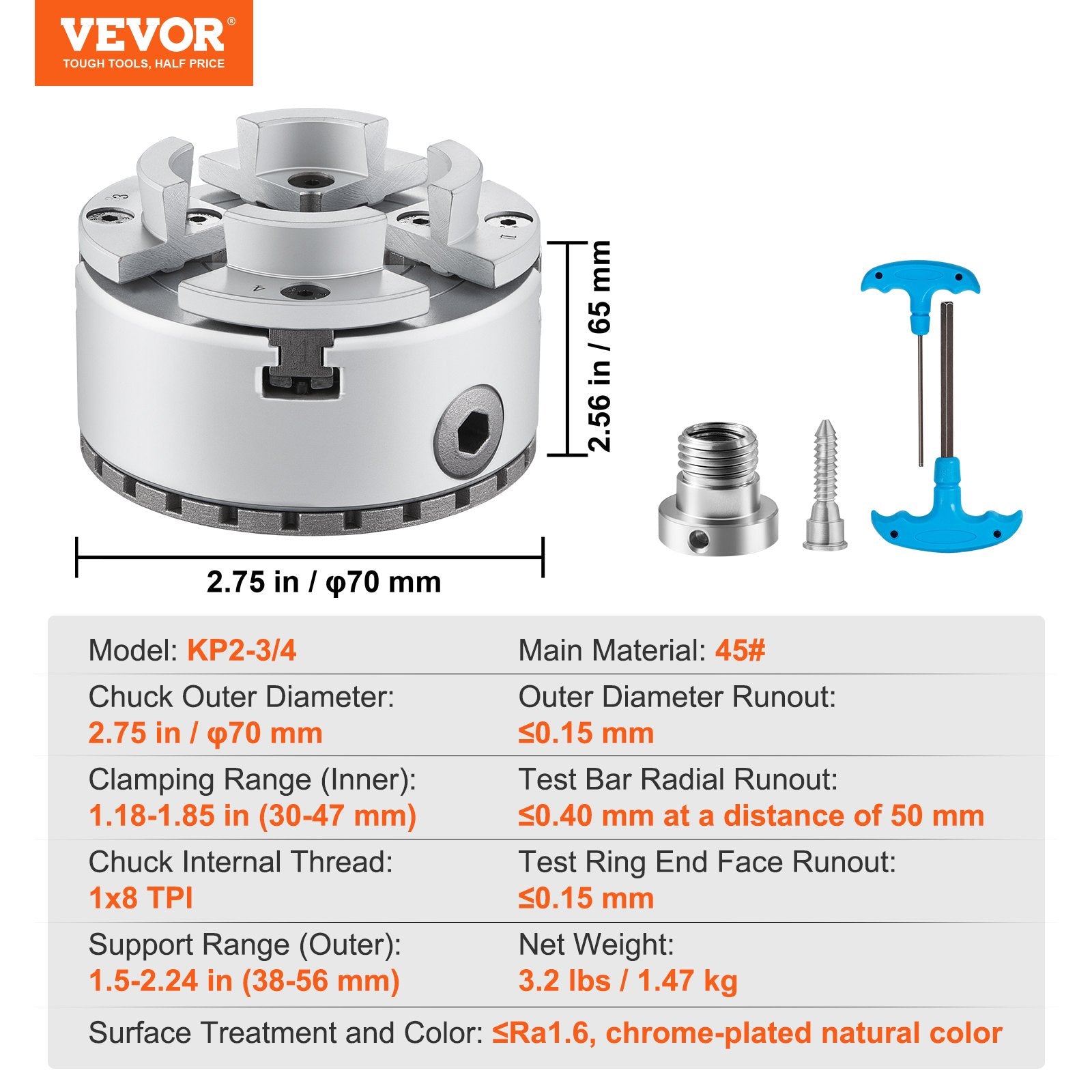 VEVOR KP2-3/4 Lathe Chuck, 4-Jaw 70 mm Diameter, Metal Lathe Chuck Turning Machine Accessories, Self-centering Tool, for Lathe, Precision Machining, Grinding Machines, Milling Machines