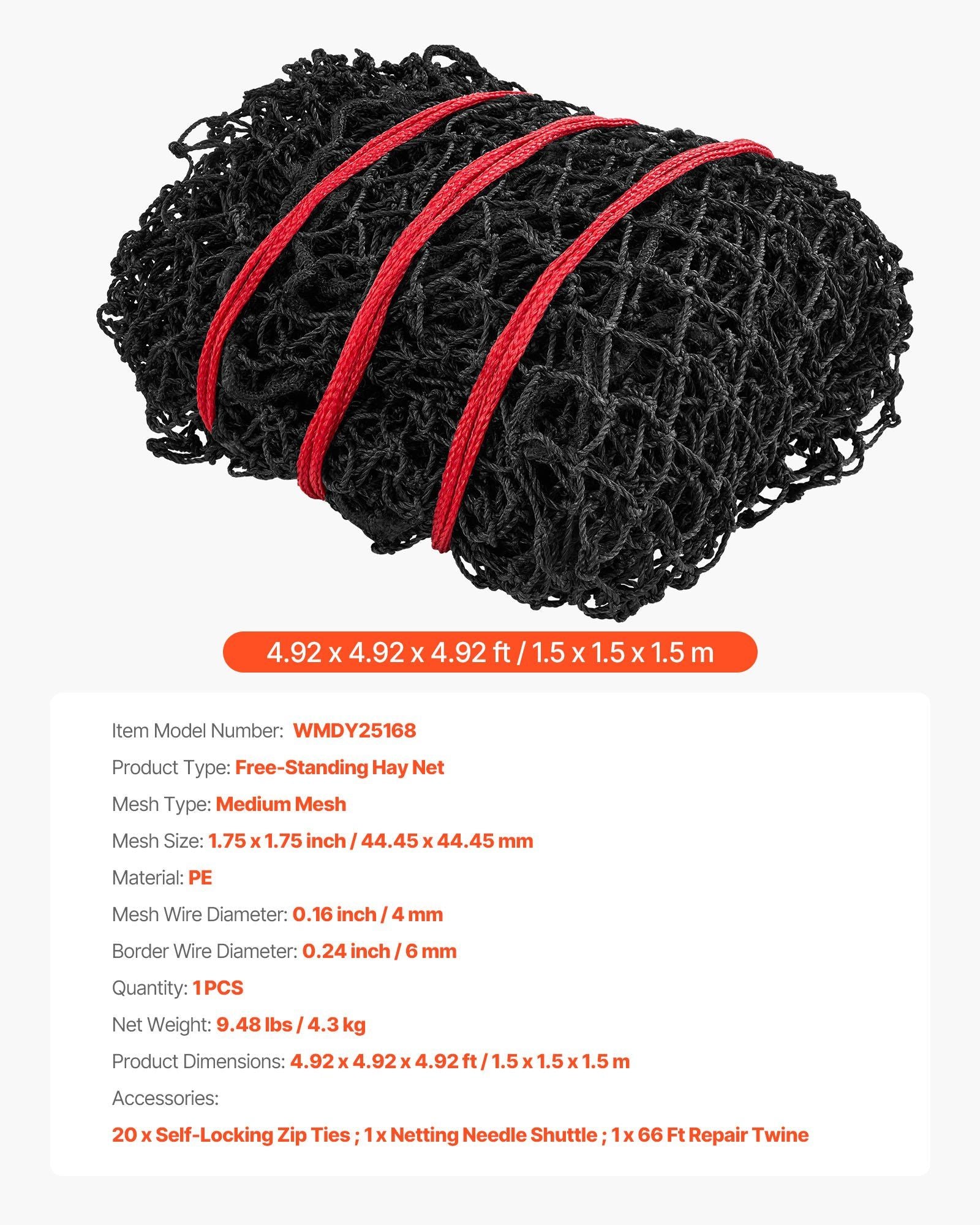 Round Bale Hay Net, 1.5 x 1.5 x 1.5 m, 44.45 x 44.45 mm Holes, PE Material, Reinforced Knotted Design, with Zip Ties, Needle Shuttle, and Repair Twine, Slow Feeder Round Bale Net for Horses