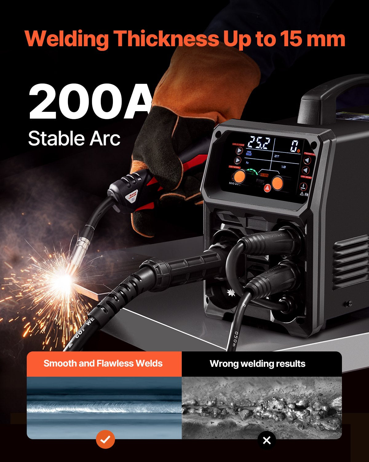 VEVOR Pro MIG Welder, 200Amp Pluse Mig Welding Machine, 5-in-1 Synergic Welder Machine MIG Pluse/Gas MIG/Flux Core MIG/Stick/Lift TIG with IGBT Inverter Technology and LCD Screen Display