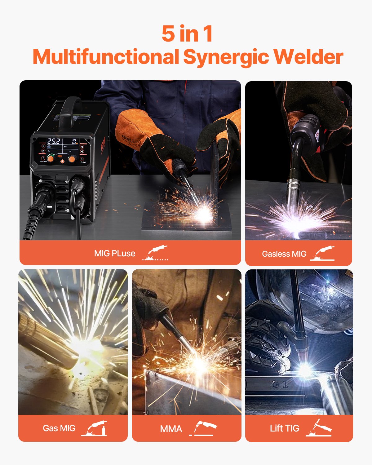 VEVOR Pro MIG Welder, 250Amp Pluse Mig Welding Machine, 5-in-1 Synergic Welder Machine MIG Pluse/Gas MIG/Flux Core MIG/Stick/Lift TIG with IGBT Inverter Technology and LCD Screen Display