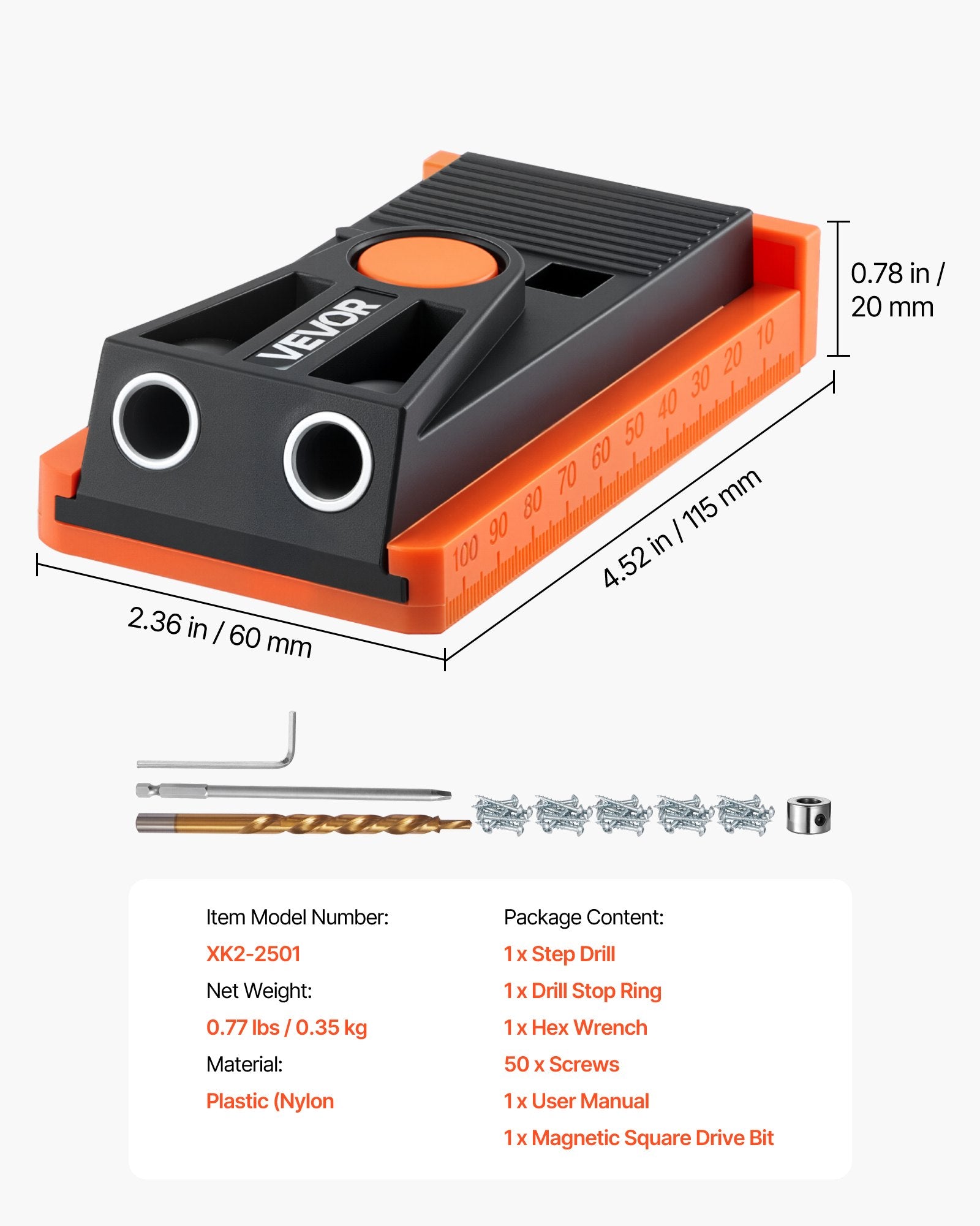 VEVOR Pocket Hole Jig Kit, 12.7 to 38.1 mm Adjustable, Mini Jig Pocket Hole System with Step Drill, Hex Wrench, Drill Stop Ring, Square Drive Bit, and Screws, Reinforced Nylon Frame, for Woodworking