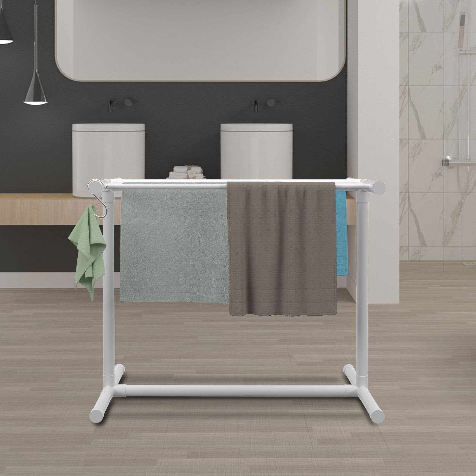 VEVOR Pool Towel Rack, 5 Bar, White, Freestanding Outdoor PVC T-Shape Poolside Storage Organizer, Include 8 Towel Clips, Mesh Bag, Hook, Also Stores Floats and Paddles, for Beach, Swimming Pool, Home