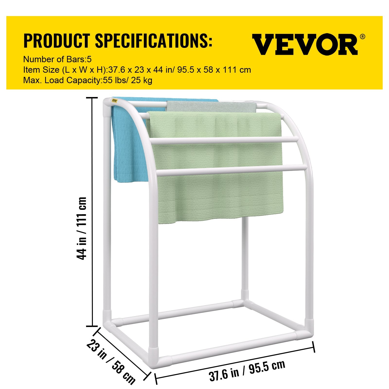 VEVOR Pool Towel Rack, 5 Bar, Milky, Freestanding Outdoor PVC Curved Poolside Storage Organizer, Include 8 Towel Clips, Mesh Bag, Hook, Also Stores Floats and Paddles, for Beach, Swimming Pool, Home