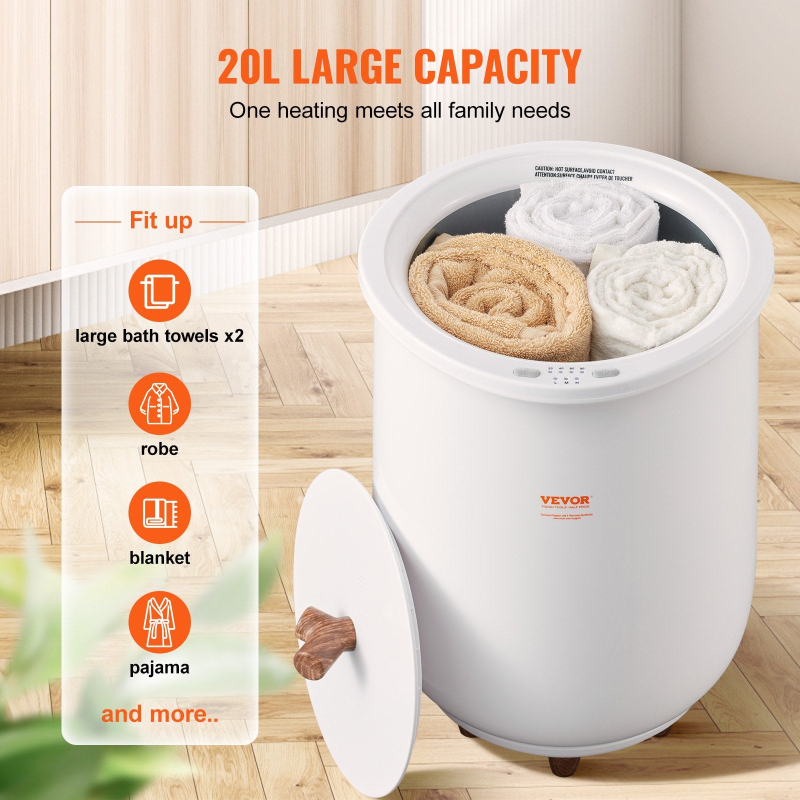 VEVOR Towel Warmer Bucket, 20L Large Towel Warmer for Bathroom, Auto Shut Off Towel Heater with 4-Level Timer Fits up to Two 40"x70" Oversized Towels, Bathrobes, Blankets, ETL & FCC Certified