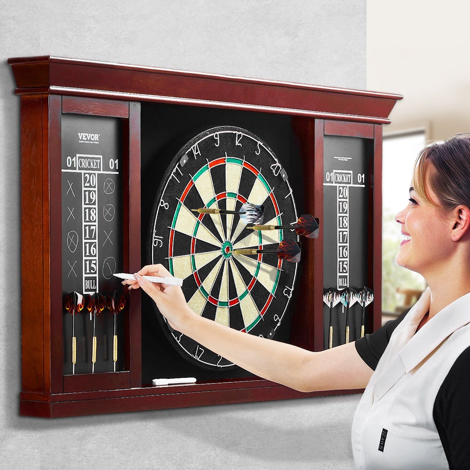 Dartboard and Cabinet Set, Ready-to-Play Bundle Official Size Dartboard Cabinet Set, Steel Tip Dart Cabinet, Features Easy Assembly, Complete with All Accessories, Perfect for Cricket Games