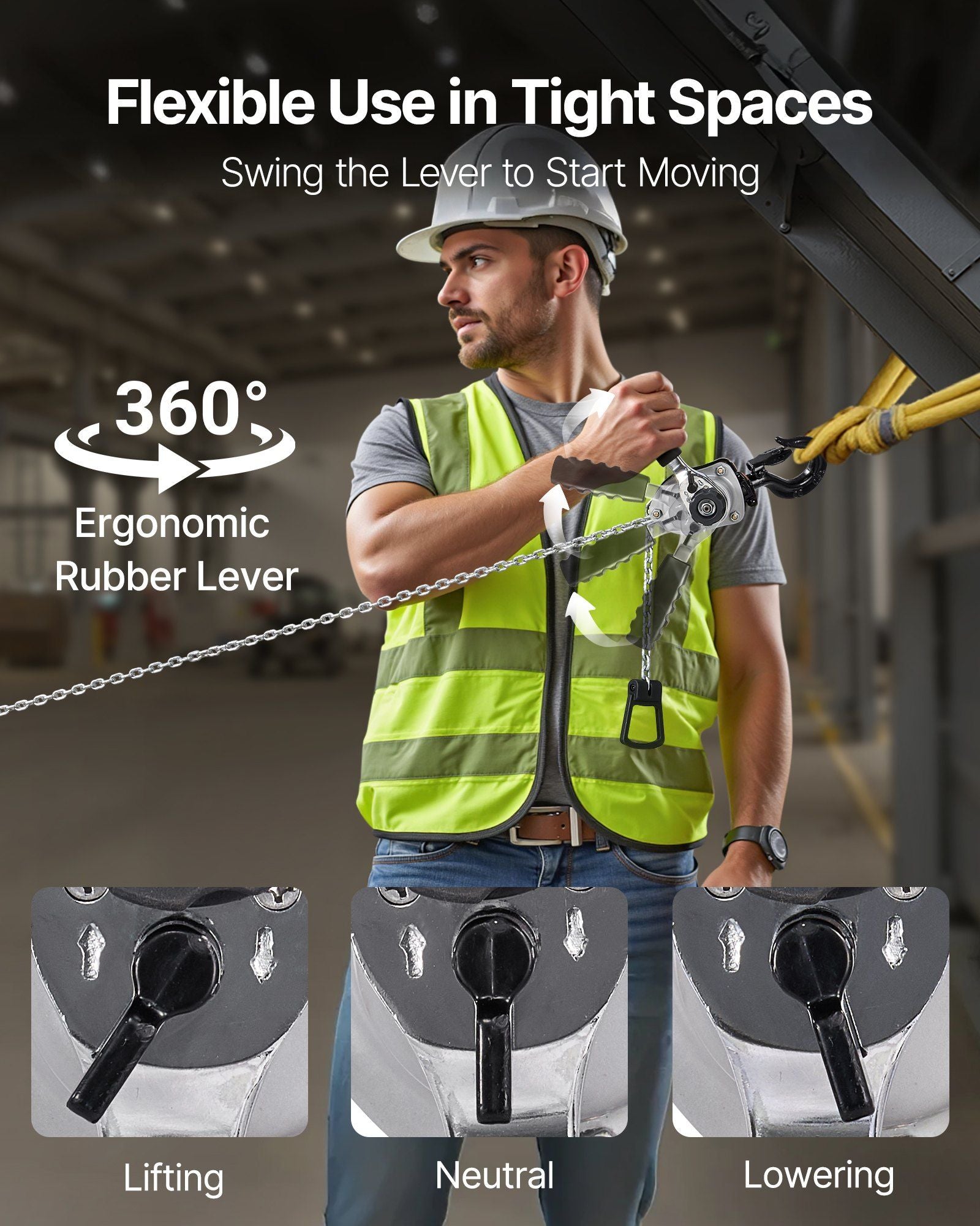 Manual Lever Chain Hoist, 1/4T 250KG Capacity Heavy Duty Come Along, 1.5M Lift G80 Alloy Steel Chain With Dual Pawl Mechanical Brake, 360° Rotating Hooks, for Warehouse Construction Garage
