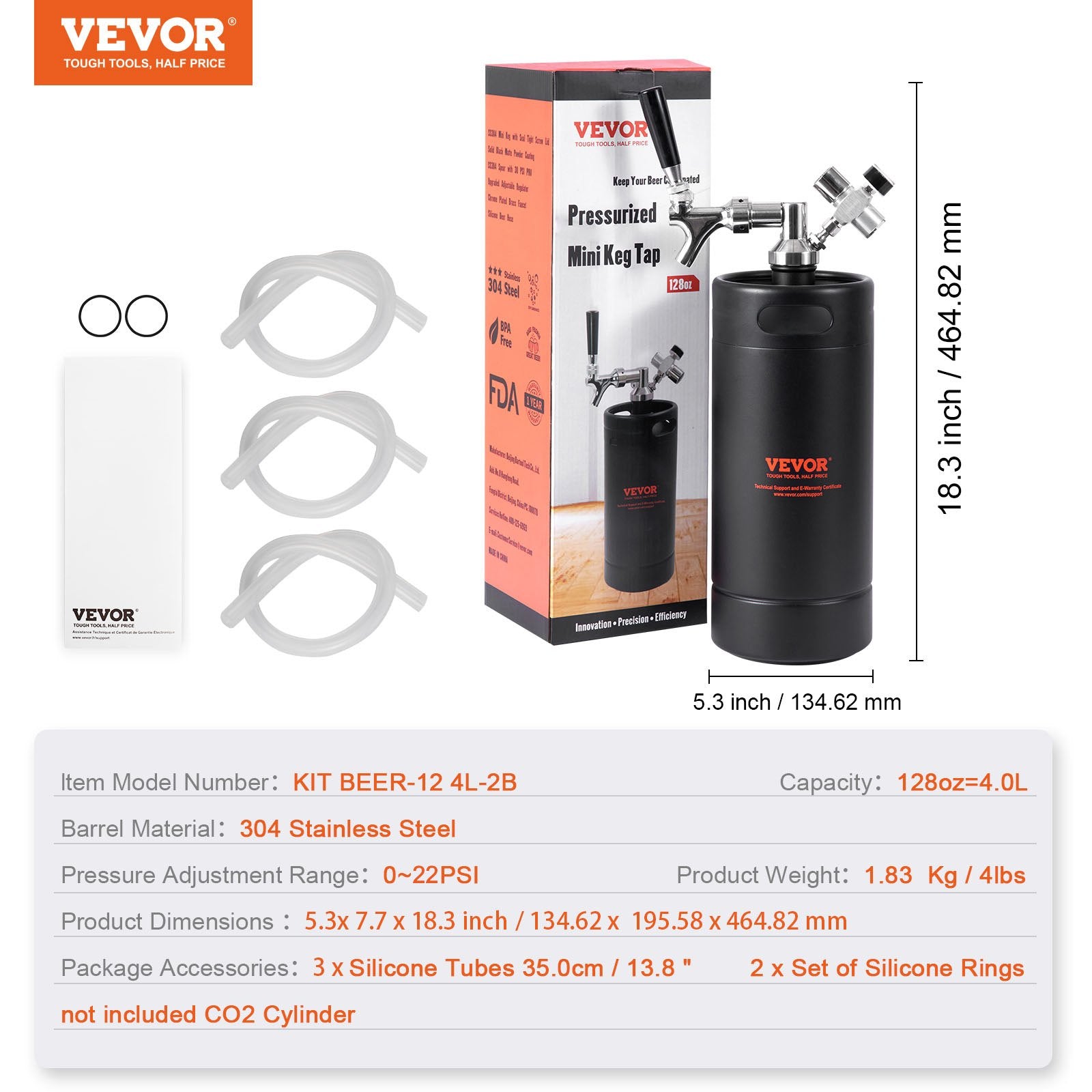 VEVOR Beer Growler Tap System, 4L Mini Keg, 304 Stainless Steel Pressurized Beer Growler, Keg Growler with Pressure Display, CO2 Regulator Faucet, Leak-Proof Ring For Draft, Homebrew, Craft Beer