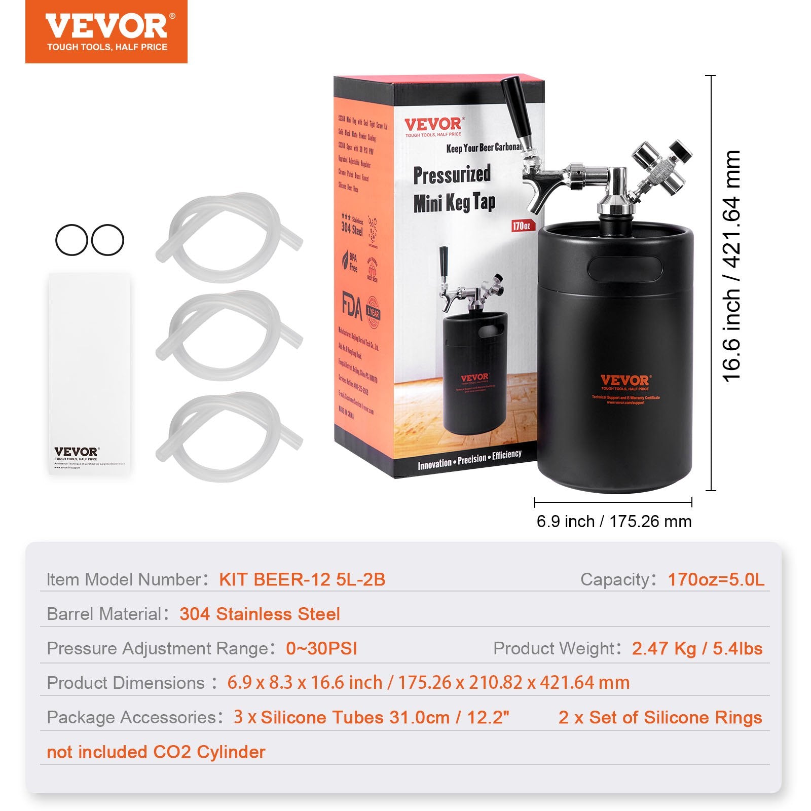 VEVOR Beer Growler Tap System, 5L Mini Keg, 304 Stainless Steel Pressurized Beer Growler, Keg Growler with Pressure Display, CO2 Regulator Faucet, Leak-Proof Ring For Draft, Homebrew, Craft Beer