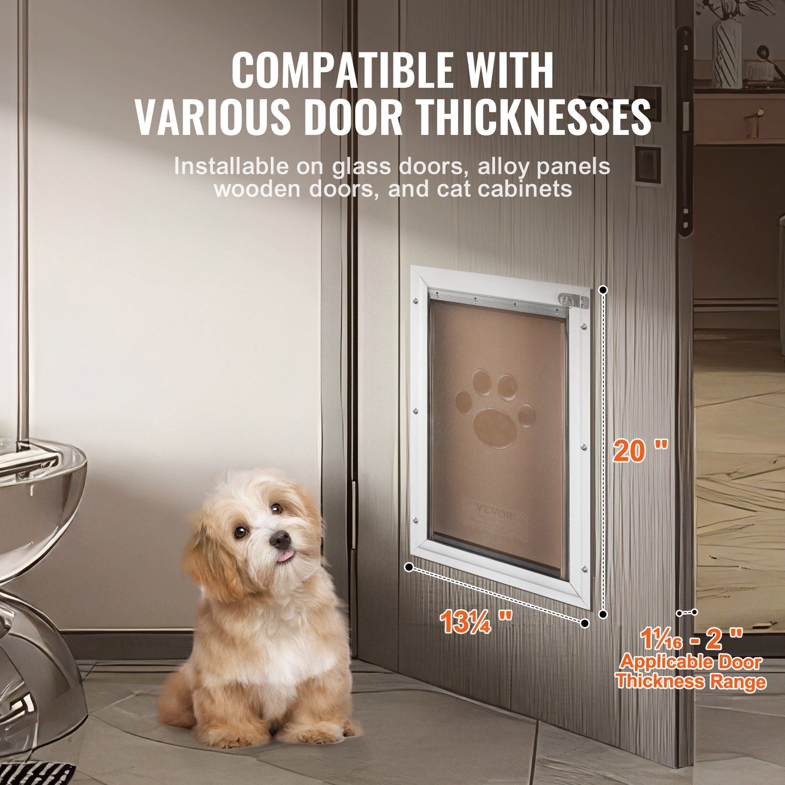 Pet Door, 33.7 x 50.9 cm Aluminum Frame with Lock and Flap System, Weatherproof Doggy Door, Easy to Install in Interior or Exterior Doors, Pet Door Suitable for Cat Doggie Kitties (White-L)