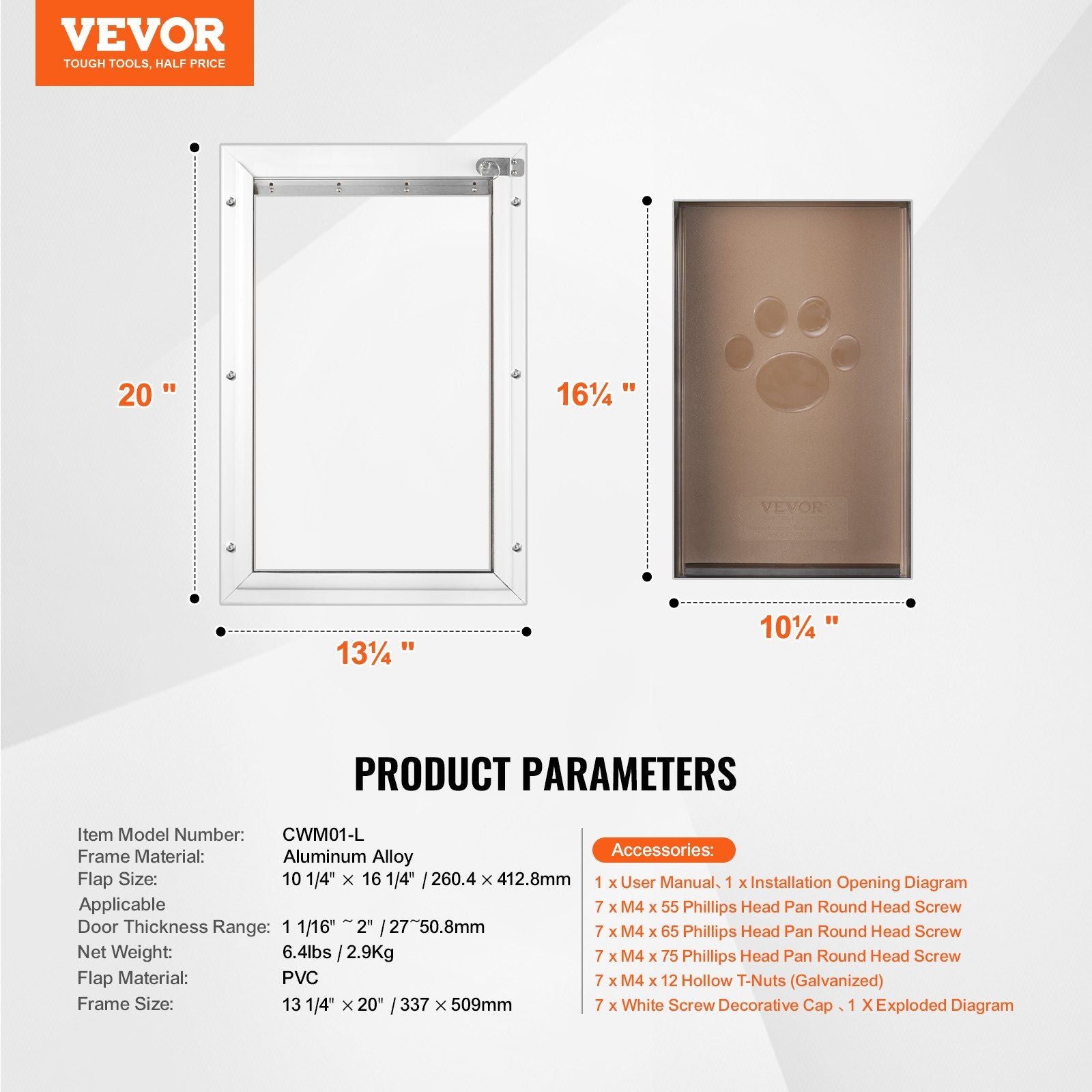 Pet Door, 33.7 x 50.9 cm Aluminum Frame with Lock and Flap System, Weatherproof Doggy Door, Easy to Install in Interior or Exterior Doors, Pet Door Suitable for Cat Doggie Kitties (White-L)