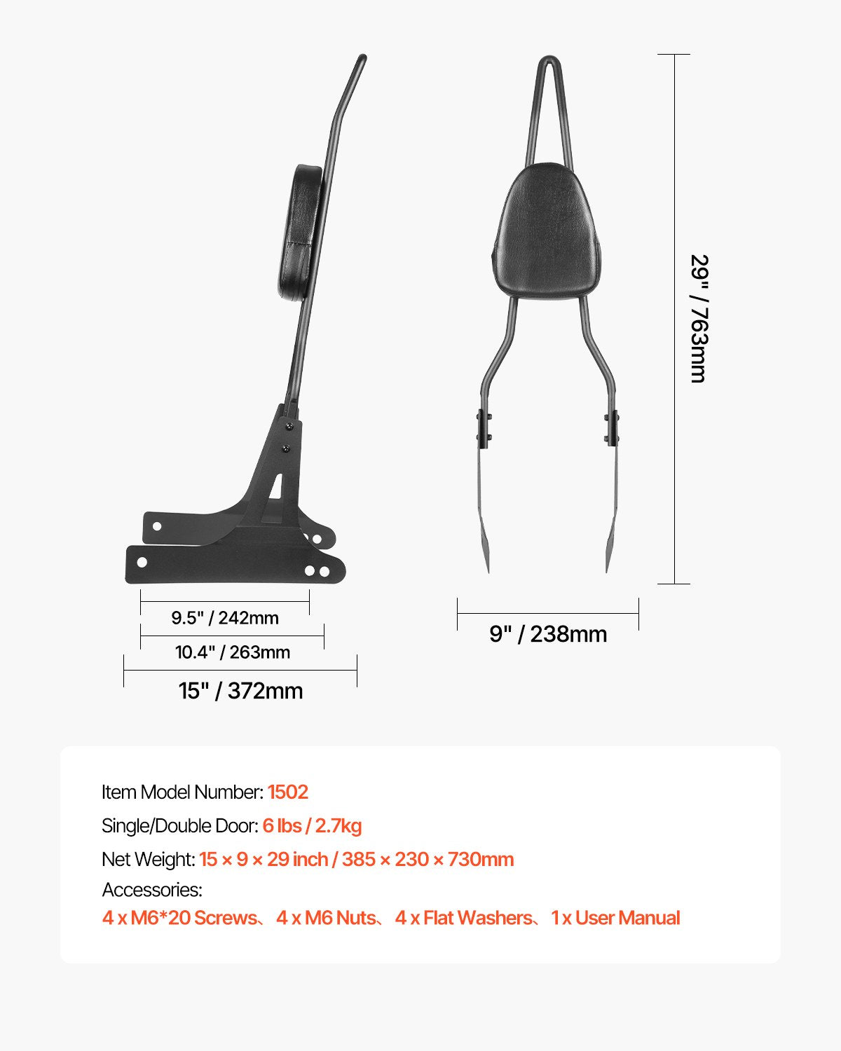 VEVOR Motorcycle Backrest Sissy Bar, Compatible With Harley-Davidson Dyna Street Glide Road Glide Road King, 730mm Height Detachable Passenger Backrest, For Motorcycles, Black