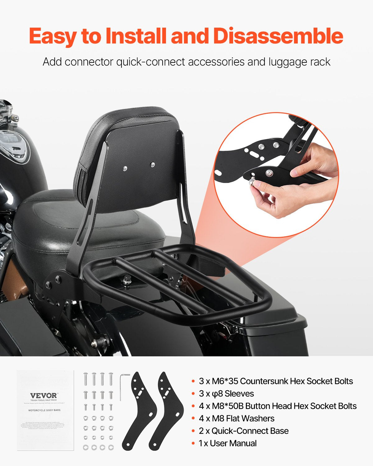 VEVOR Motorcycle Backrest Sissy Bar with Luggage Rack for Honda Rebel 2017-2022