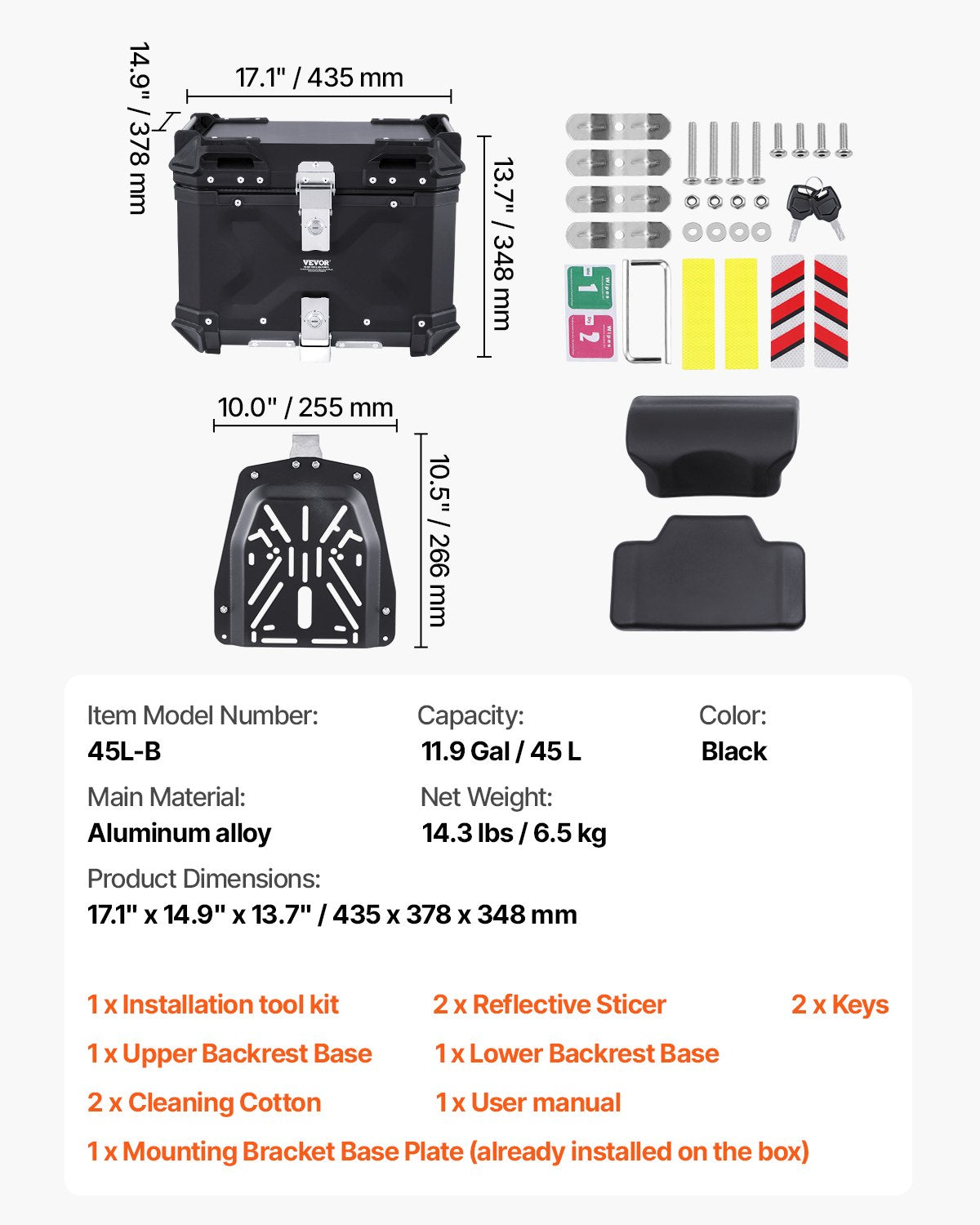 VEVOR Motorcycle Top Case, Universal Aluminum Alloy Motorbike Tail Box with Leather Lining, 45L Waterproof Detachable Motorcycle Top Box with Lock & Back Cushion, Fit for 99% of Motorcycle Frames