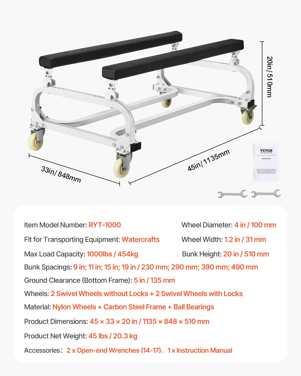 VEVOR Watercraft PWC Dolly Boat 454 kg Capacity Jet Ski Stand Storage Cart