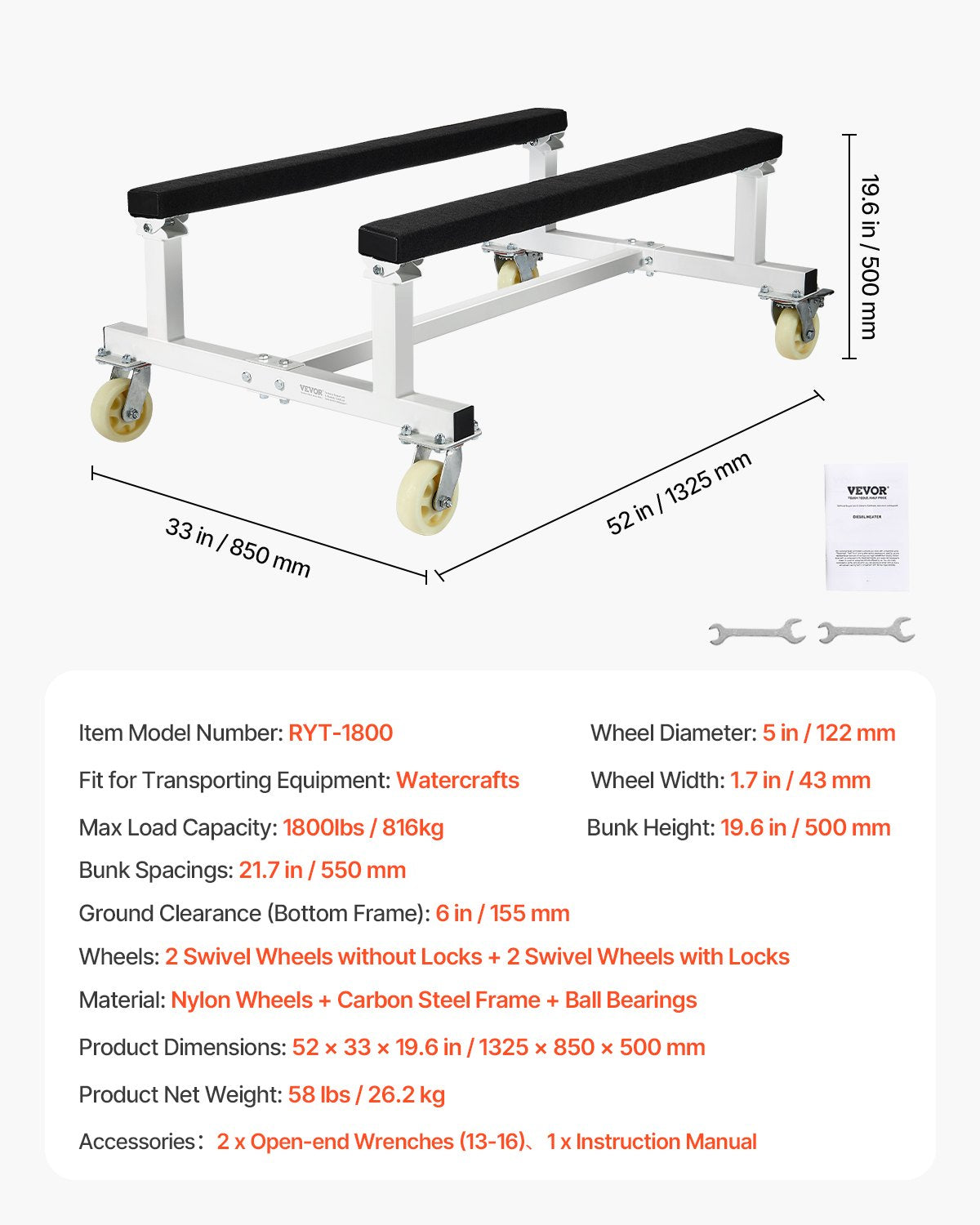 VEVOR Watercraft PWC Dolly, 1800 lbs Load Capacity, Jet Ski Stand PWC Cart for Moving Watercraft, Fixed Bunk with 4 Casters & 2 Brakes, Heavy-Duty Jet Ski Cart for Kayaks, Hovercrafts, Speedboats
